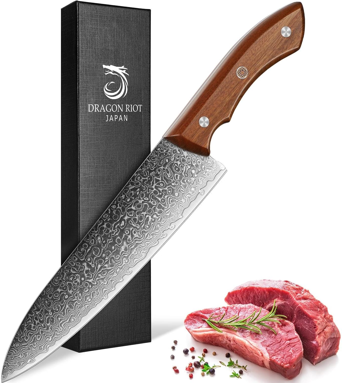 DRAGON RIOT Damascus Chef's Knife 7 inch, Japanese Kitchen Knife with VG10 Steel Core, Ultra Sharp Forged Professional Chef Knife With Full Tang Handle, Premium Gift Box