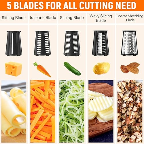 Miniatura 2 de Rallador giratorio de queso con manivela de mano con 5 cuchillas intercambiables, cortador de verduras para frutas y verduras, cortador de mandolina