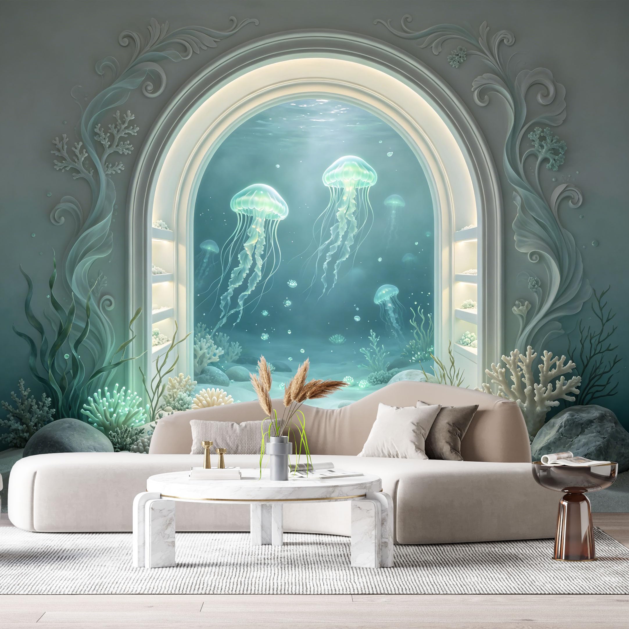Custom Size Wall Murals Ocean Marine Jellyfish Arch 3D Trompe L'Oeil SelfAdhesiveWall Fabric Removable Wallpaper Wall Decor for Living Room Bedroom Bathroom