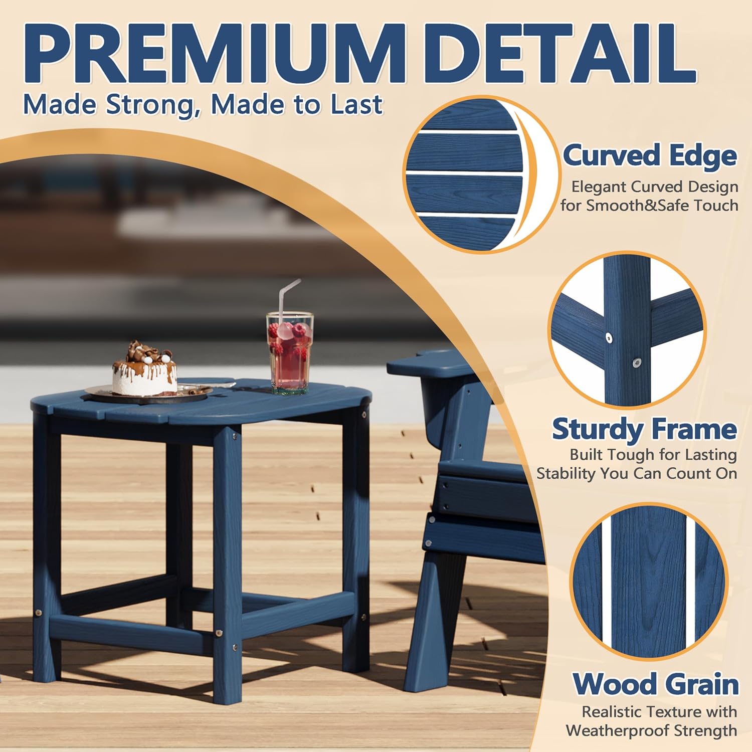 Outdoor Adirondack Side Table for Patio Porch Pool, 18" HDPE Weather Resistant End Table for Backyard and Indoor Use, Easy Maintenance & Indoor Outdoor Durable Construction(Navy Blue)