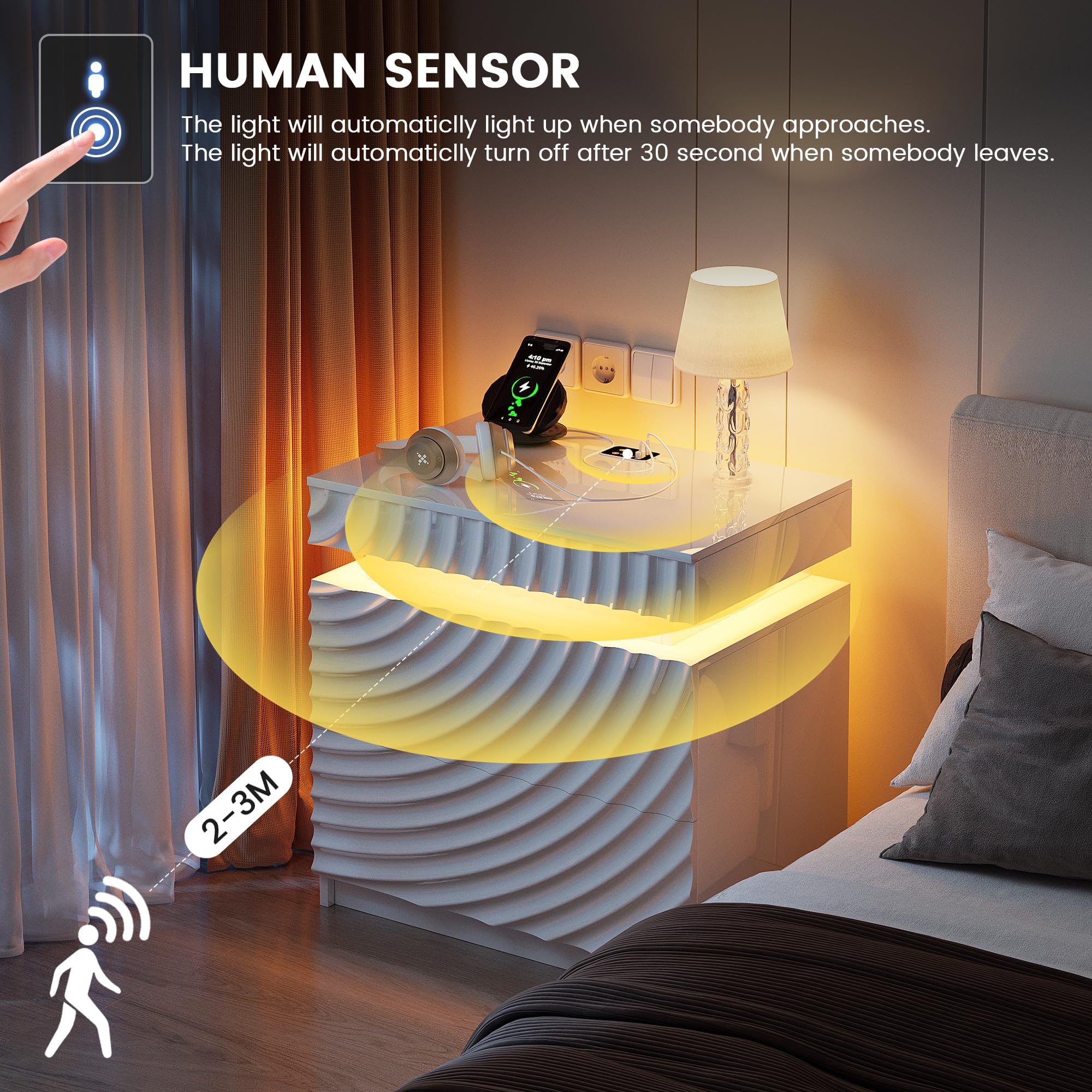 FREDEES Comodino con funzione di ricarica e illuminazione a LED | 3 cassetti, sensore di movimento, USB e tipo C, spazio nascosto per camera da letto, bianco