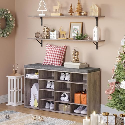 Miniatura 126 de DINZI LVJ Banco organizador de zapatos con cojín, zapatero de 9 cubos y estantes ajustables, multifuncional, para salas de estar, dormitorio, Gris