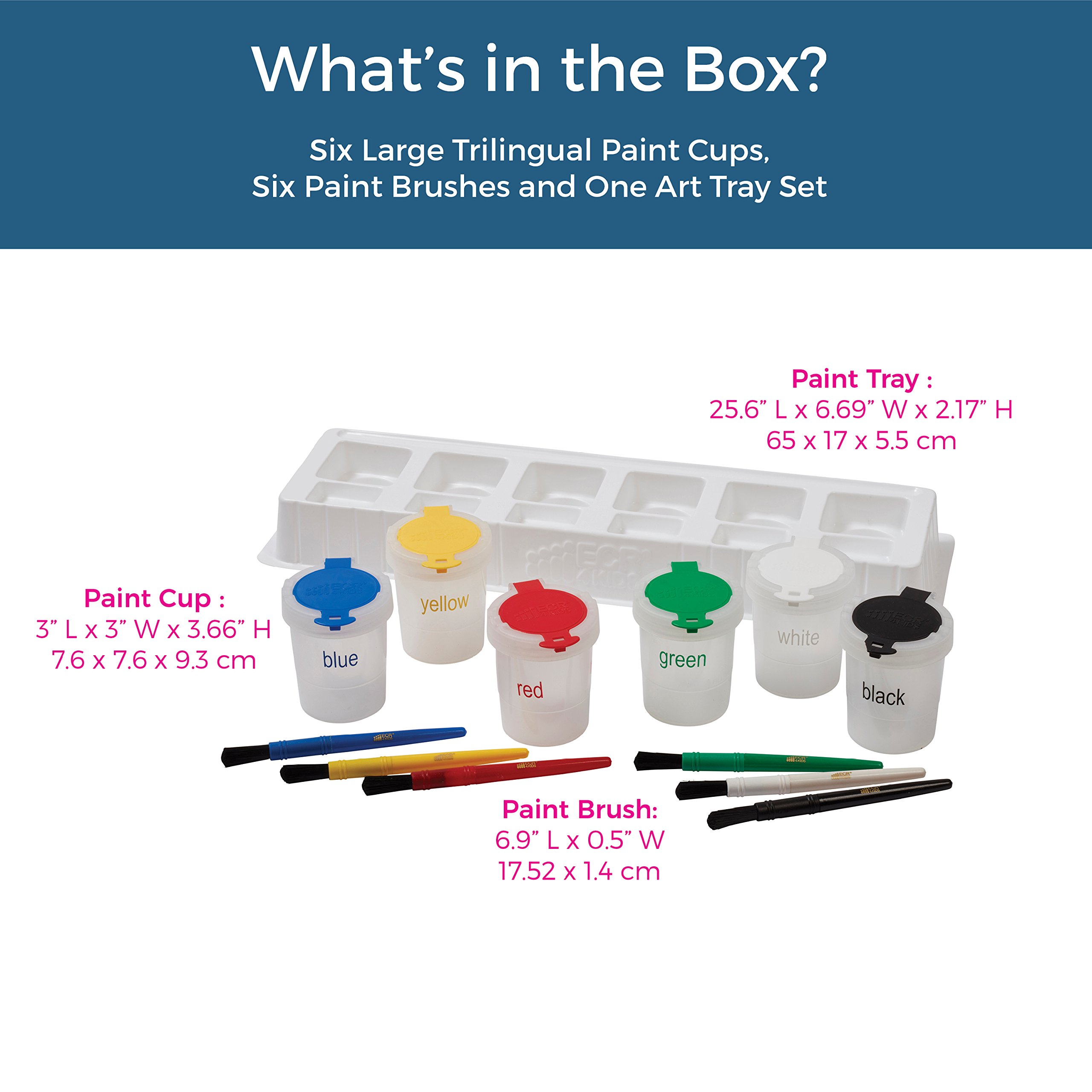 ECR4Kids Art Brush, Tray and Large Trilingual Paint Cups Set - Art Supplies for Kids and Toddlers (13-Piece Kit)