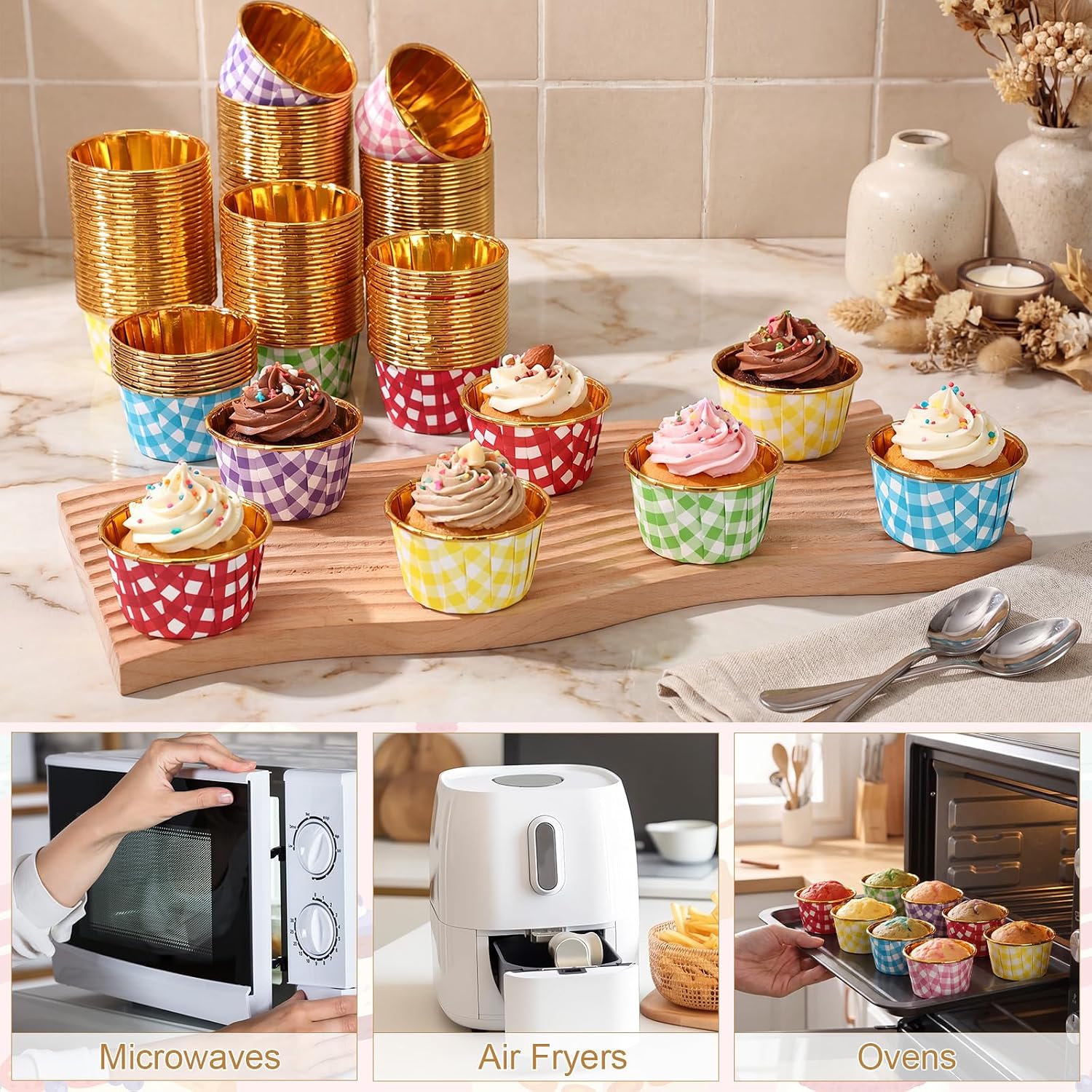 240 Pack Gold Foil Cupcake Liners Bulk 3.5 oz Disposable Party Cupcake Baking Cups Colorful Foil Muffin Liners Metallic Baking Wrappers Holders (Plaid Style)