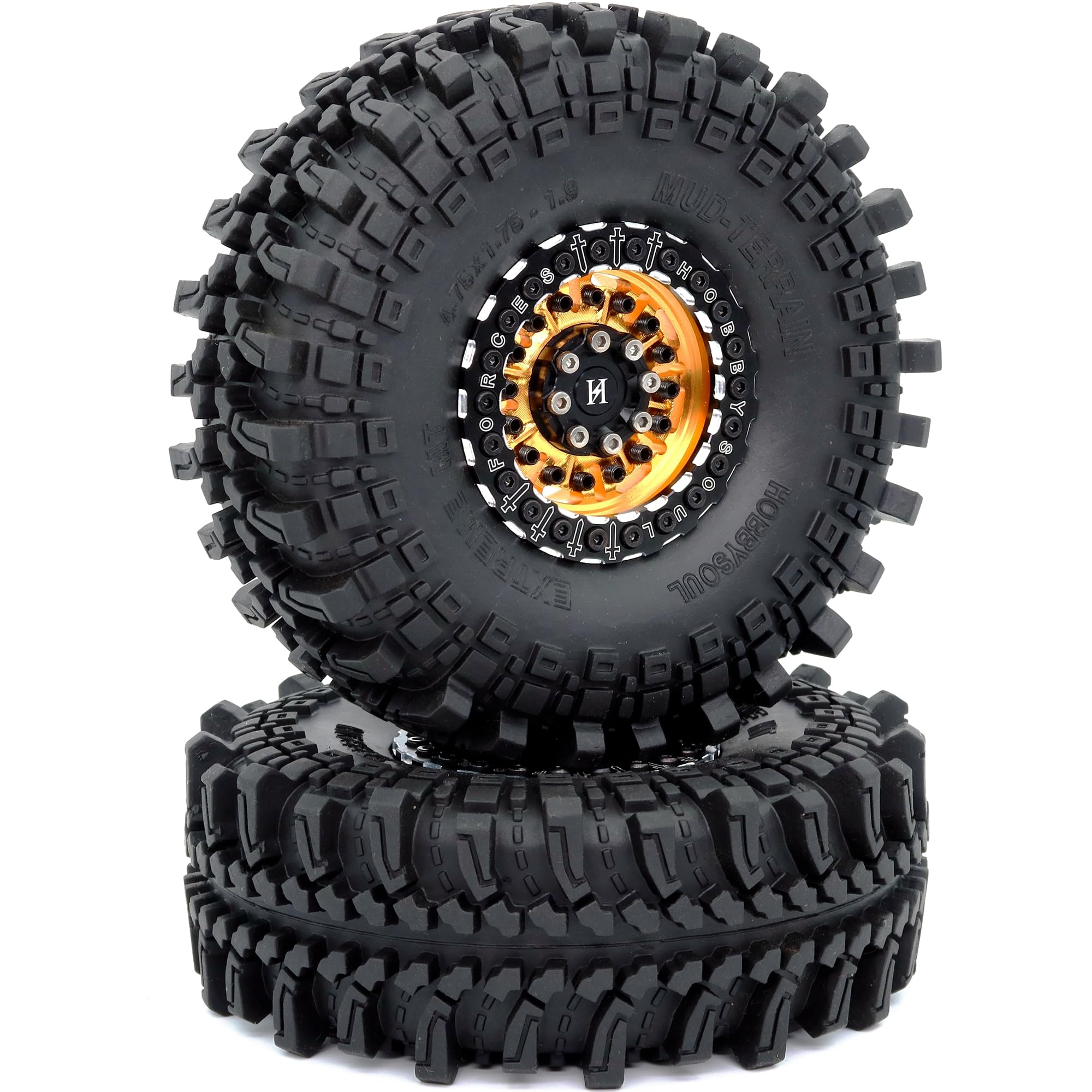 HOBBYSOUL Pneus RC 1.9 de 121 mm de haut et jantes Beadlock 1,9 dorées et noires, décalage négatif 5 mm, roues et pneus Beadlock 1/10 pour Mud Crawler SCX10 TRX4 Gen8, (lot de 4, assemblé)