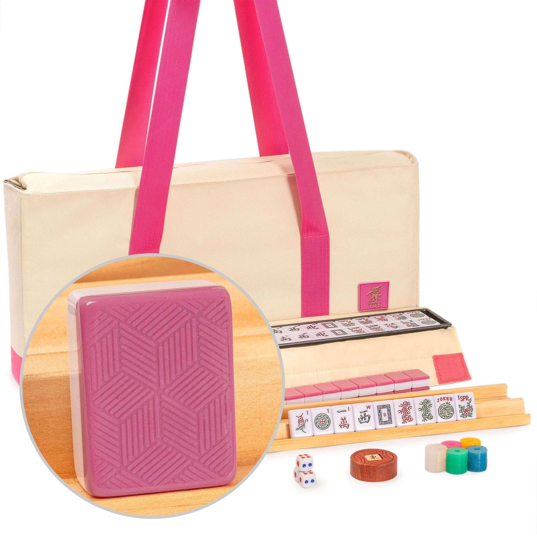 Photo 1 of Yellow Mountain Imports American Mahjong Set, “Rosehill” – 166 Rose-Pink Ridged-Backed Tiles, Racks with Pushers, Pink and Cream Soft Case, Scoring Coins, Dice & Wind Indicator