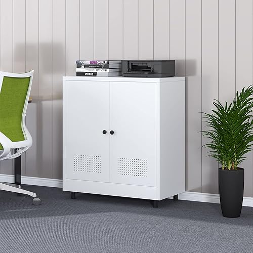 Miniatura 9 de Armario de almacenamiento de metal con 2 puertas y estante ajustable, aparador de pie independiente para el hogar, oficina, entrada, pasillo, sala