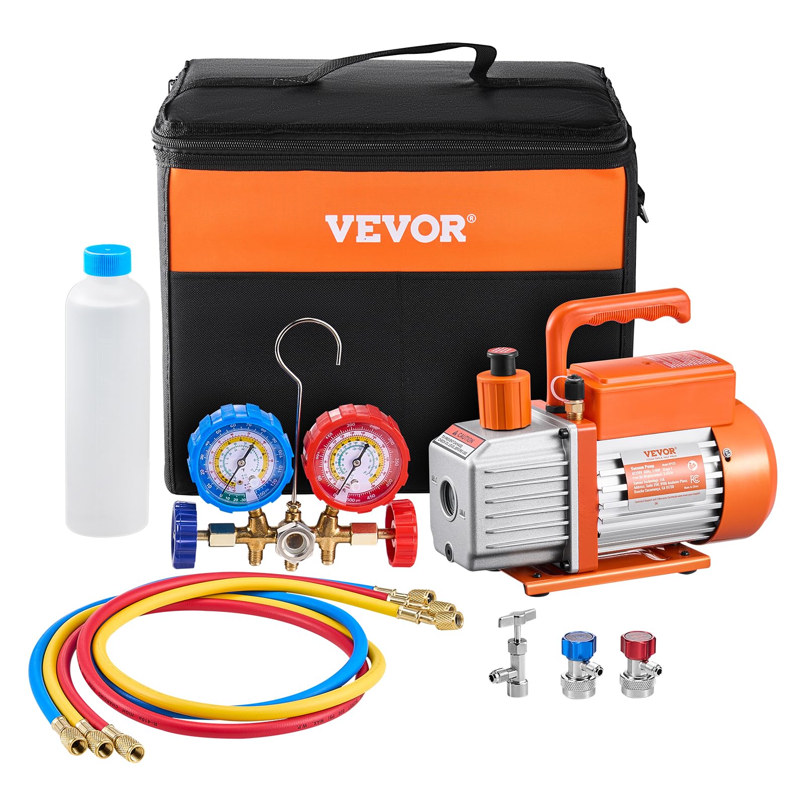 VEVOR 3,5 CFM AC-Vakuumpumpe und Manometer-Set, einstufige Drehschieber-HVAC-Vakuumpumpe, Kältemittelverteiler-Manometer-Kit für R134a R12 R22 R502a