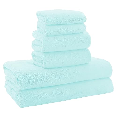 MOONQUEEN Ultra Soft Towel Set-Quick Drying-2 Bath Towels 2 Hand Towels 2 Washcloths - Microfiber Coral Velvet Highly Absorbent Towel for Bath Fitness, Bathroom,Sports,Yoga, Travel(Frozen Blue, 6 Pcs) - Frozen Blue
