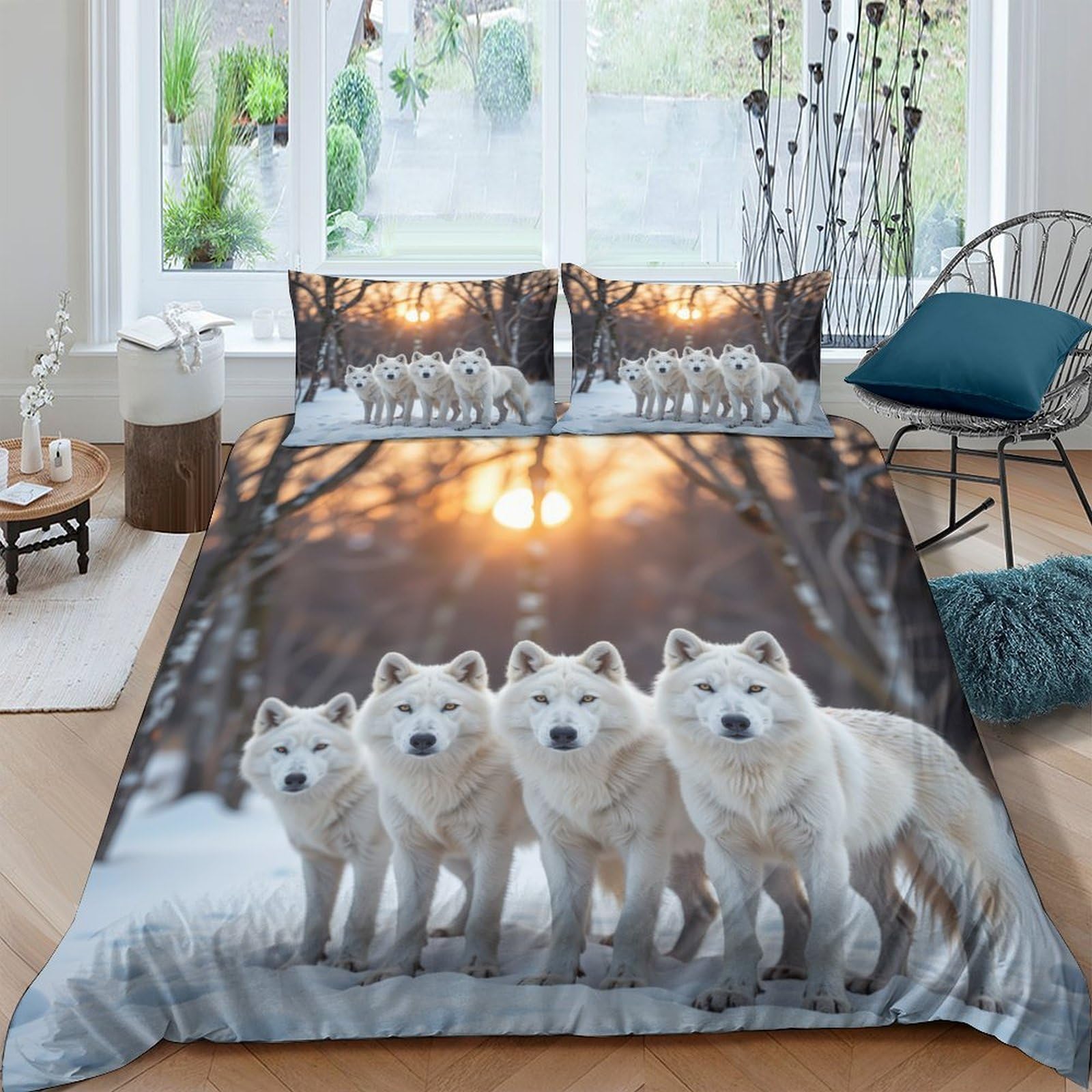GPLZQXKJNH 3D Printed White Wolves Duvet Cover Microfiber Soft Breathable Forest Sunset Bedding Set with 2 Pillowcases for Bedroom Decor Single（135x200cm）