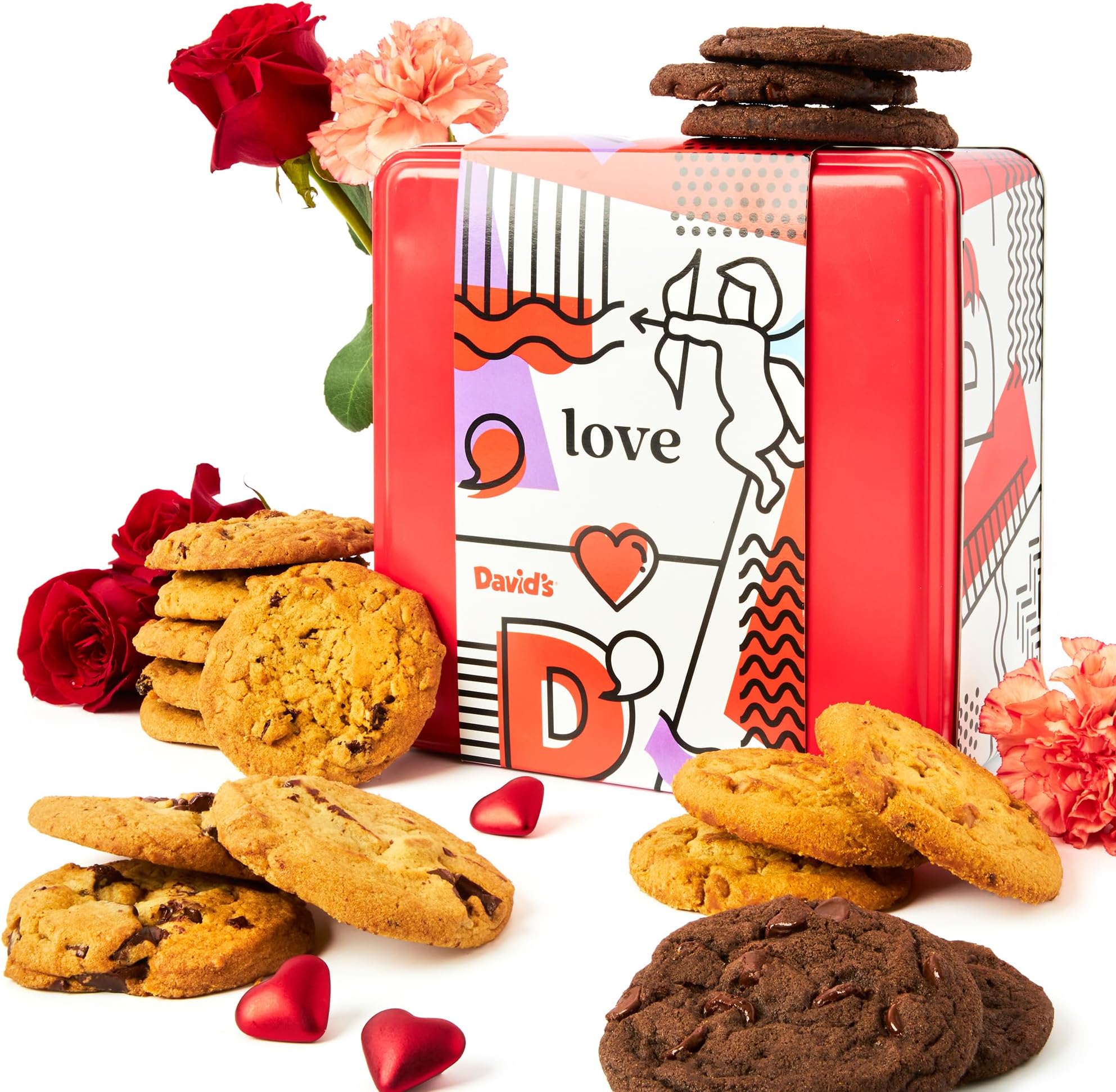 David’s Cookies Assorted Cookie in Love Gift Tin, Fresh Baked Gourmet Dessert Sampler, Soft Handmade Cookie Variety, Premium Bakery Cookies for Gifting, 2lb - Gourmet Cookies Gift Basket