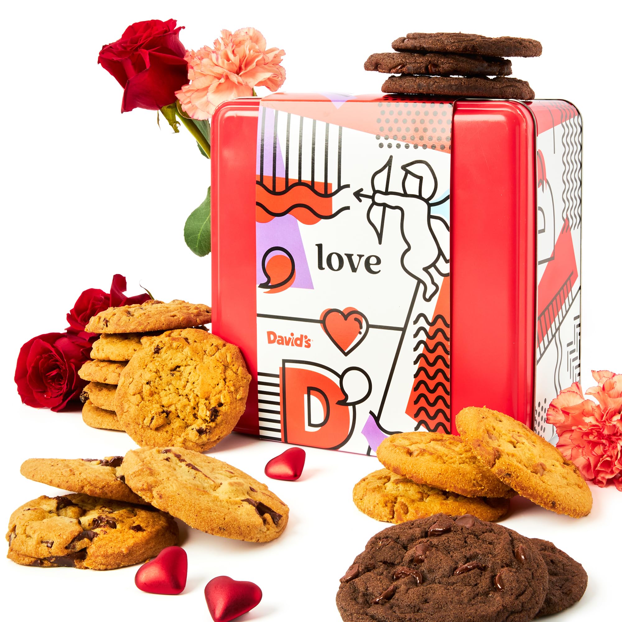 David’s Cookies Assorted Cookie in Love Gift Tin, Fresh Baked Gourmet Dessert Sampler, Soft Handmade Cookie Variety, Premium Bakery Cookies for Gifting, 2lb - Gourmet Cookies Gift Basket