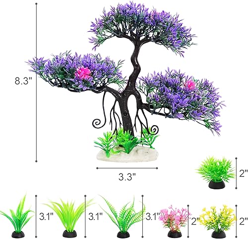 Miniatura 2 de Decoraciones de acuario para pecera, plantas de plástico artificiales, árbol bonsái con kit de decoración de acuario pequeño (morado 2)