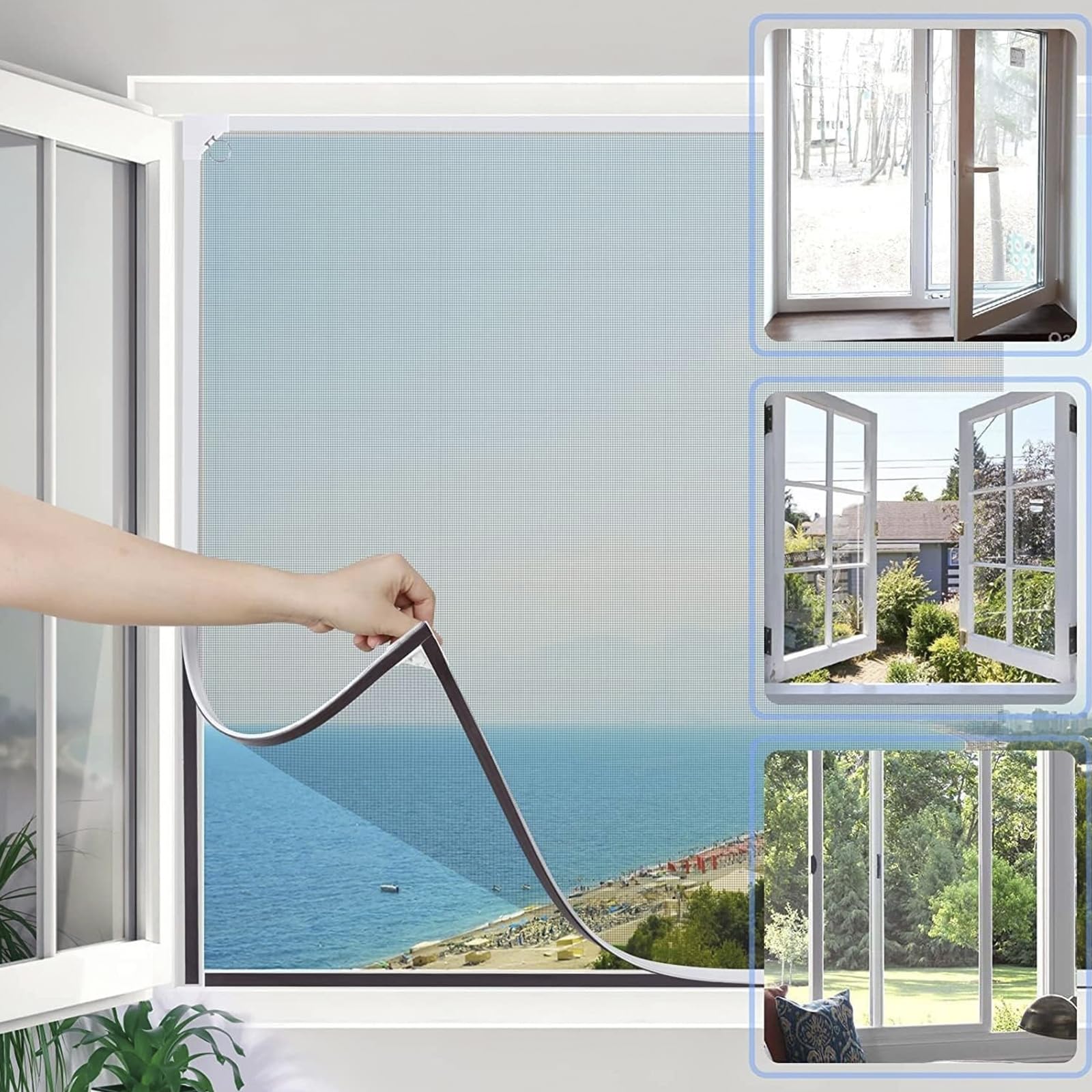 Mosquitera Ventana Magnética, Pantalla Mosquitera Cortable Ajustable, Ahuyenta Insectos, Moscas, Mosquitos y Mantiene El Aire Limpio(Red Gris Marco Blanco),60X150CM/23X59IN