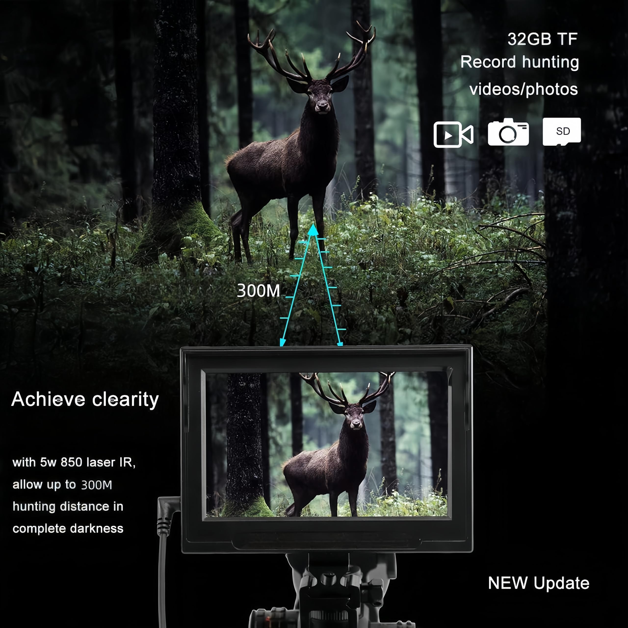 KinZon Lunette de Vision Nocturne HD de Chasse Professionnelle, Carte SD 32G Incluse, Infrarouge HD 720P avec écran de 4,3 Pouces.