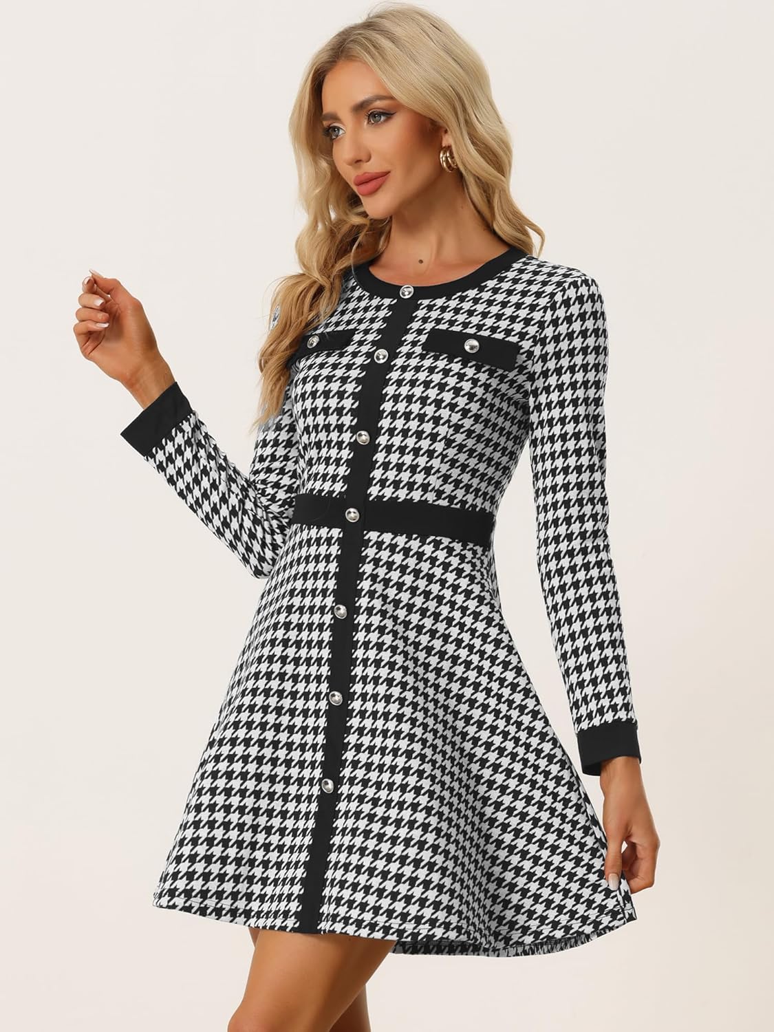 Allegra K Women's Houndstooth Plaid Contrast Color Elegant Business Work A-Line Dress - Image 4