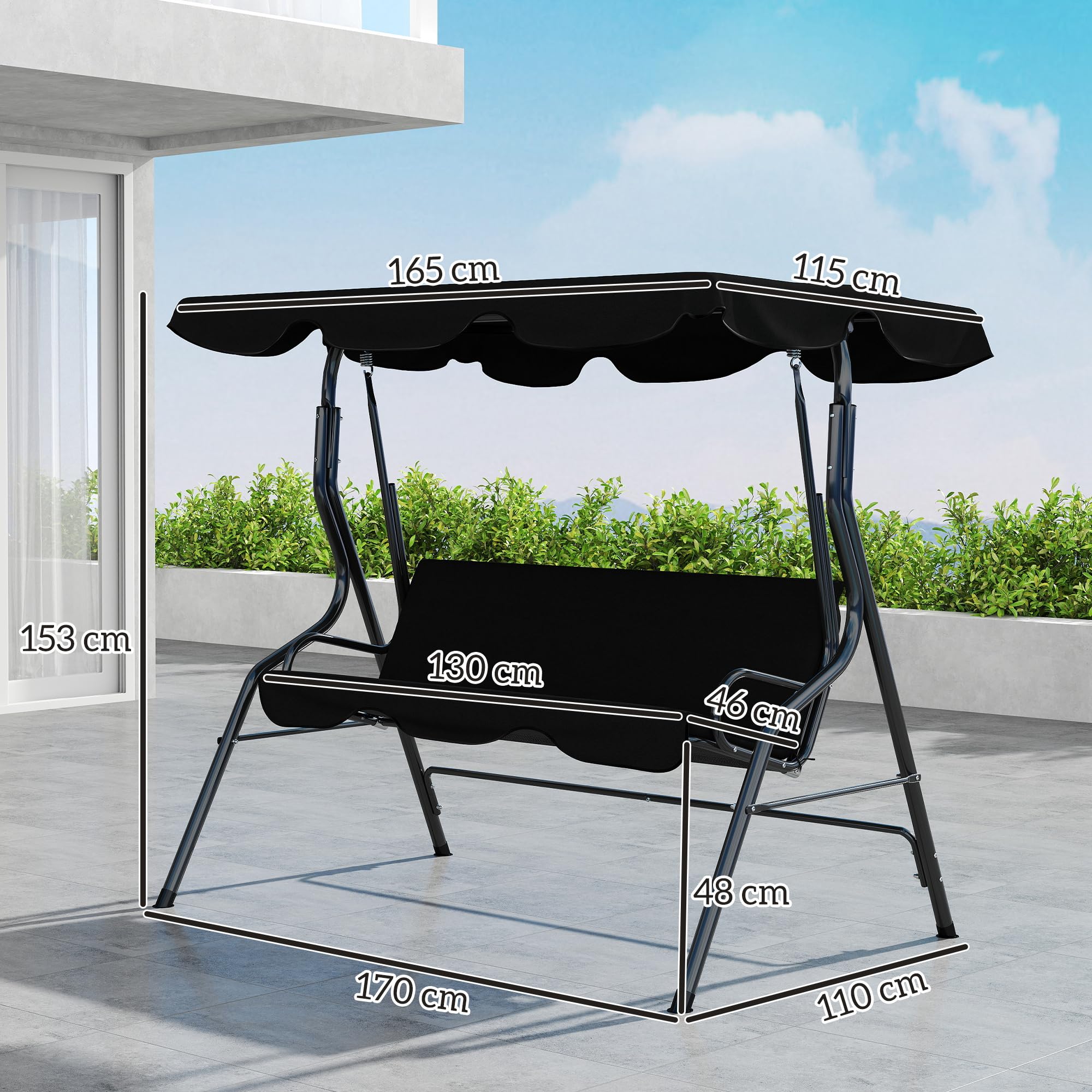 Outsunny Columpio de Jardín de 2-3 Plazas Impermeable 170x110x153 cm Negro | Balancín de Exterior, Toldo Ajustable en Ángulo, Marco de Acero, para Patio, Balcón