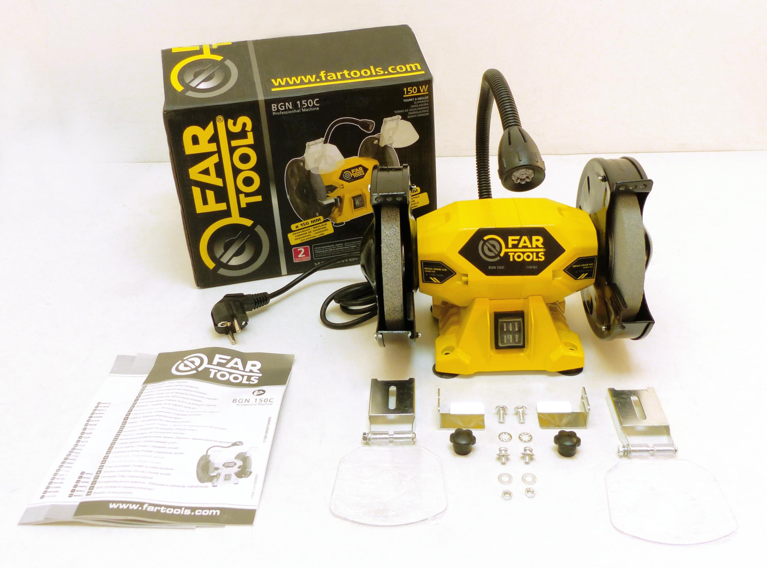 Fartools Touret à meuler 150W meule-meule Ø150mm (grain A36 & A60), lampe LED, vitesse de rotation 2950tr/min, 2 écrans polycarbonates