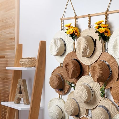Miniatura 9 de Organizador de sombreros de macramé para pared, 15 clips de 31 x 53 pulgadas, ganchos grandes para sombreros de Fedora, para almacenamiento de