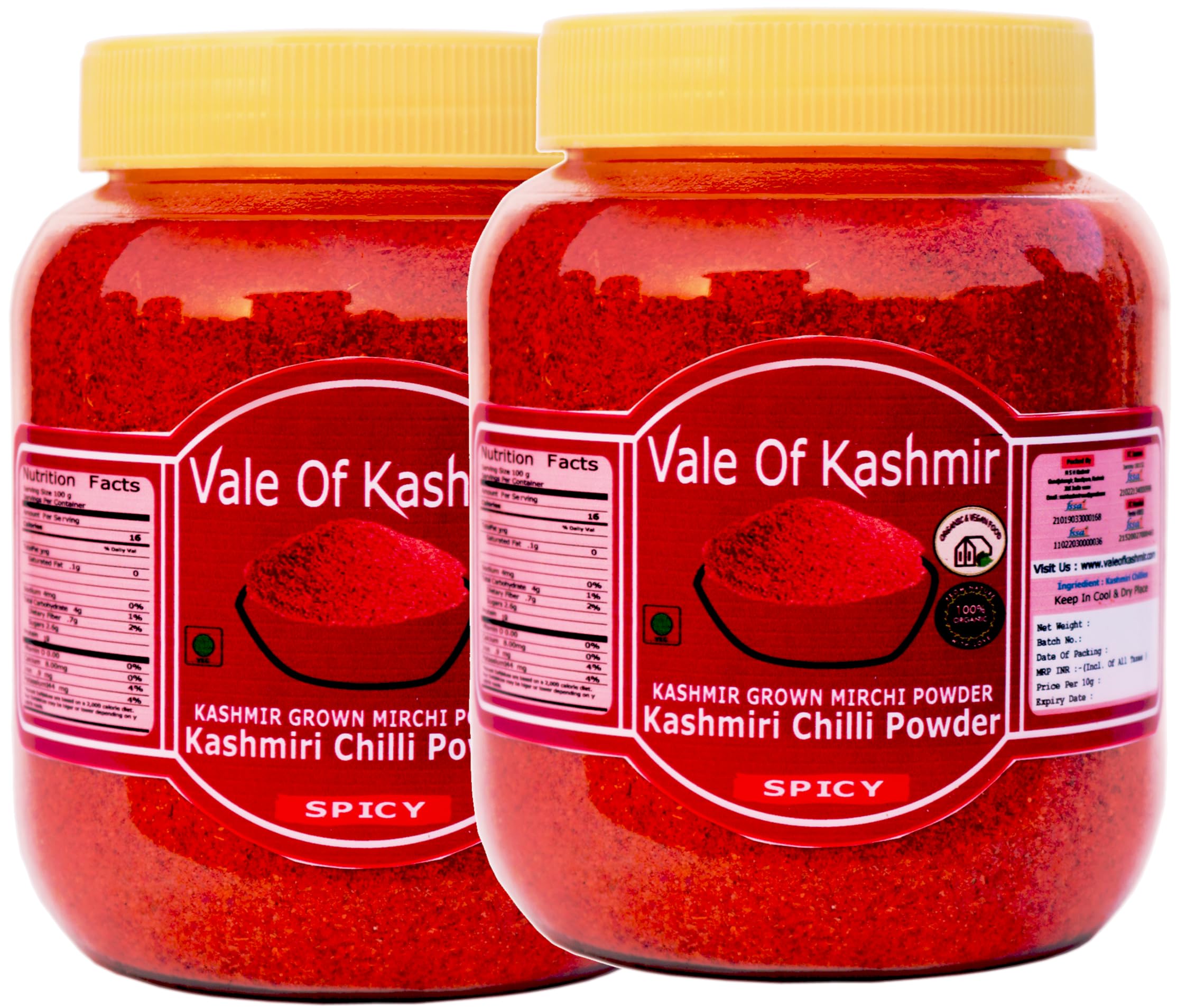 Vale Of Kashmir Red Chilli Powder 1 kg (500x2) In Food Grade Jar, Kashmiri Mirchi Powder, 100% Pure, No Added Colour/Preservatives (B0C34BDDV3) Amazon Price History, Amazon Price Tracker