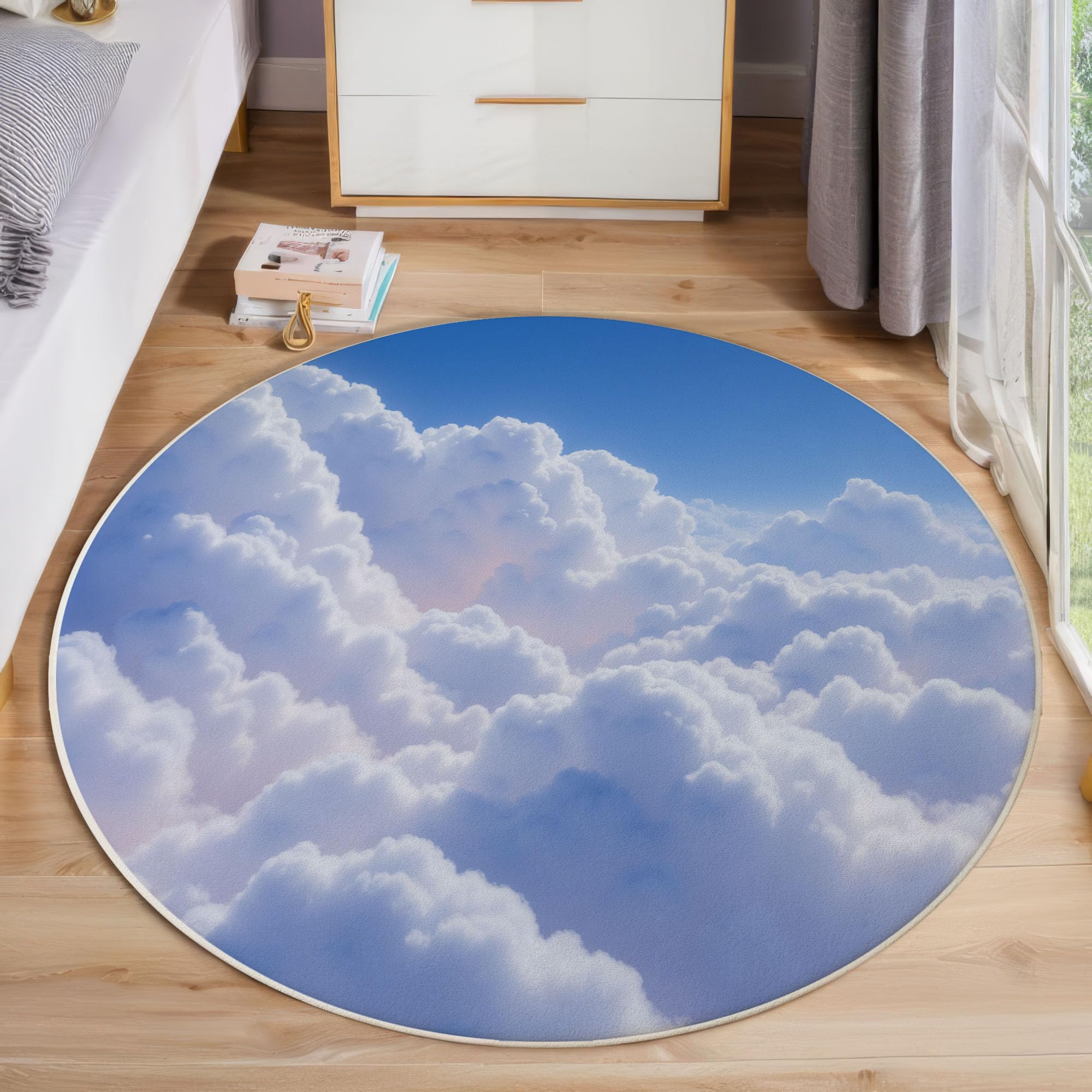 Tapis rond 80cm lavable style ciel bleu pour chambre de bébé