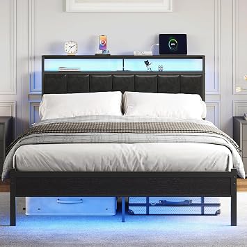 Full Win Size Bed Frame with Charging Station and LED Lights | Platform Bed with Metal Slats, Black Upholstered Headboard with 2-Tier Storage Shelves, No Box Spring Needed