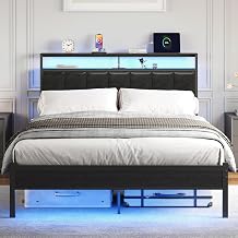 black twin bed frames,with LED, Charging Station & Upholstered Headboard | 10 RGB LED lights, charging station, large storage space, cushioned headboard. Metal bed frame, anti slip design of mattress