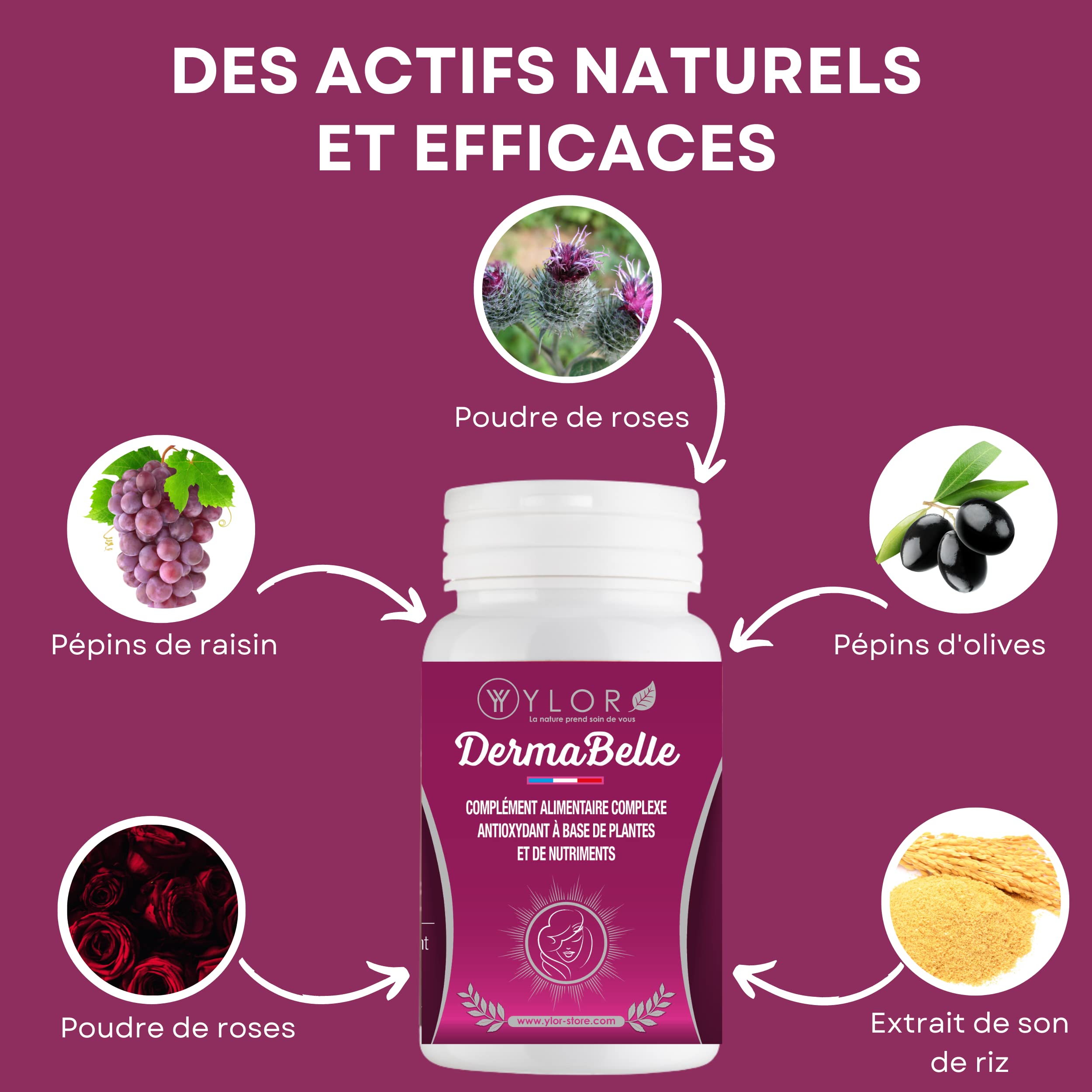 Antioxydant Puissant Beauté de la Peau| Poudre de Bardane + Extrait de Pépins de Raisin OPC et d’olive + Poudre de pétales de rose |60 Gélules Vegan | Anti imperfections bouton | Derma Belle
