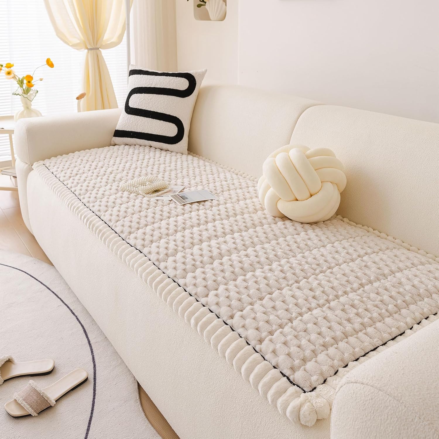 DREAMINGO Pet Couch Covers for Sofa Non Slip Fuzzy Dog Sofa Covers Washable Geometric Jacquard Couch Cushion Protector Beige Pet Bed Mat 27.6x59.1 Inch