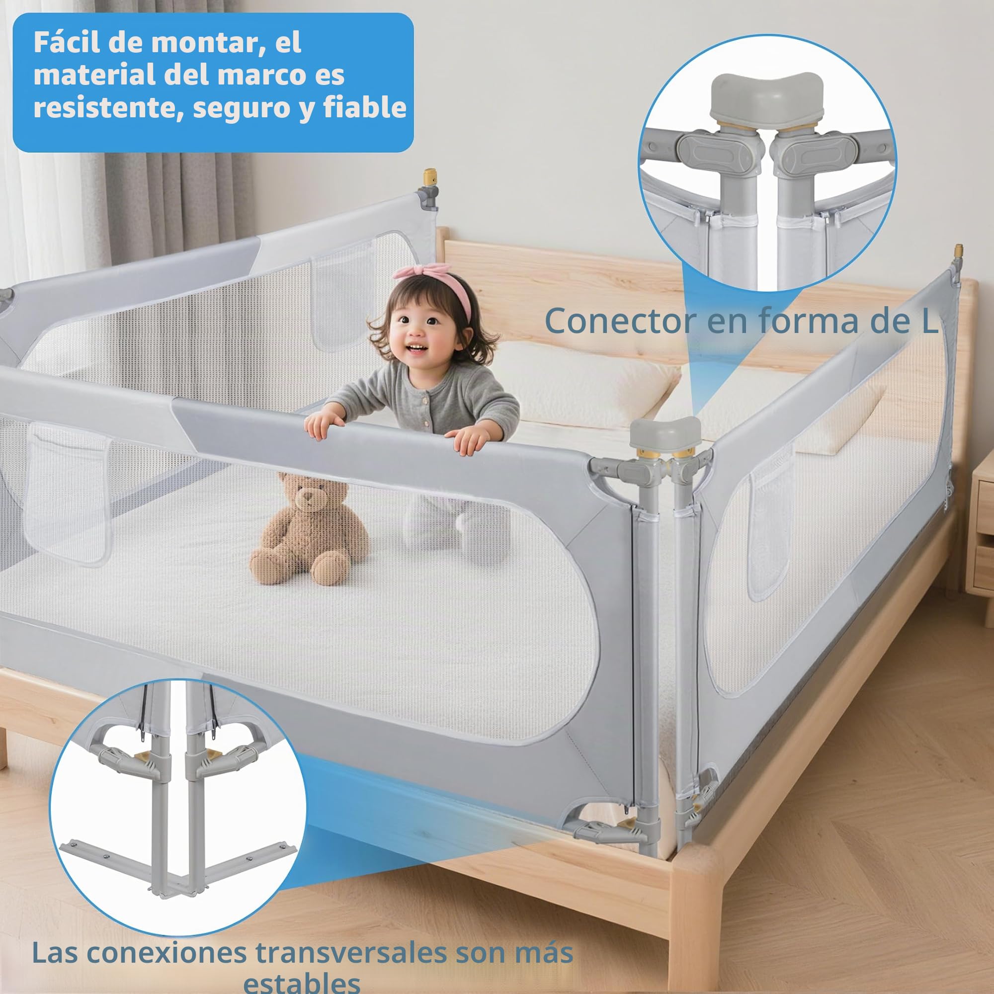 OUUTMEE Barrera de seguridad para cama de 200 cm, plegable, 30 alturas, altura regulable, diseño de bloques de color gris y blanco