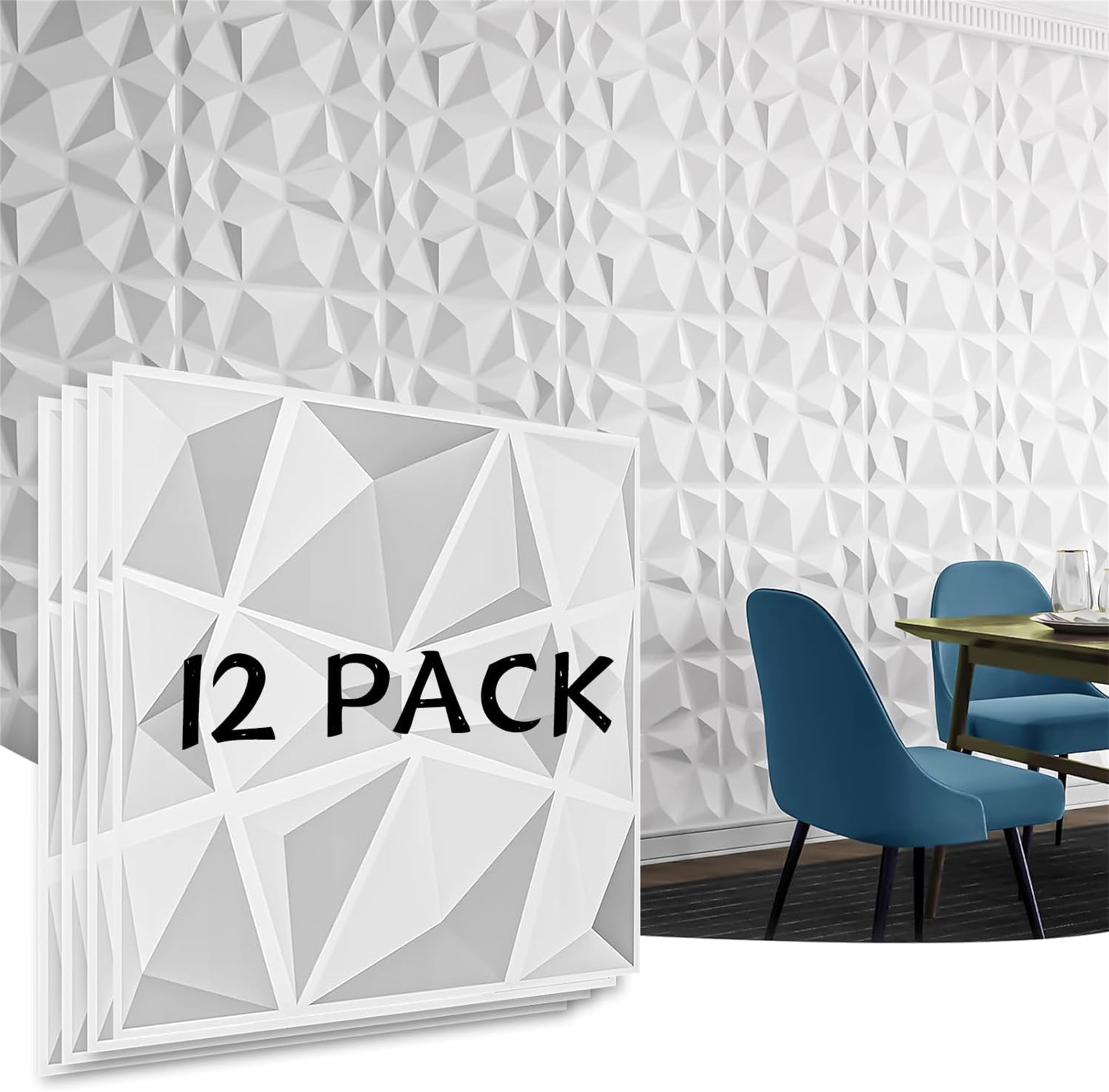 Emeralune Decorative 3D Wall Panels in Diamond Design, 3D Wall Panels, PVC 3D Wall Panel Diamond, 3D Textured Wall Panels, for Interior Wall Decor (White-50 * 50cm)
