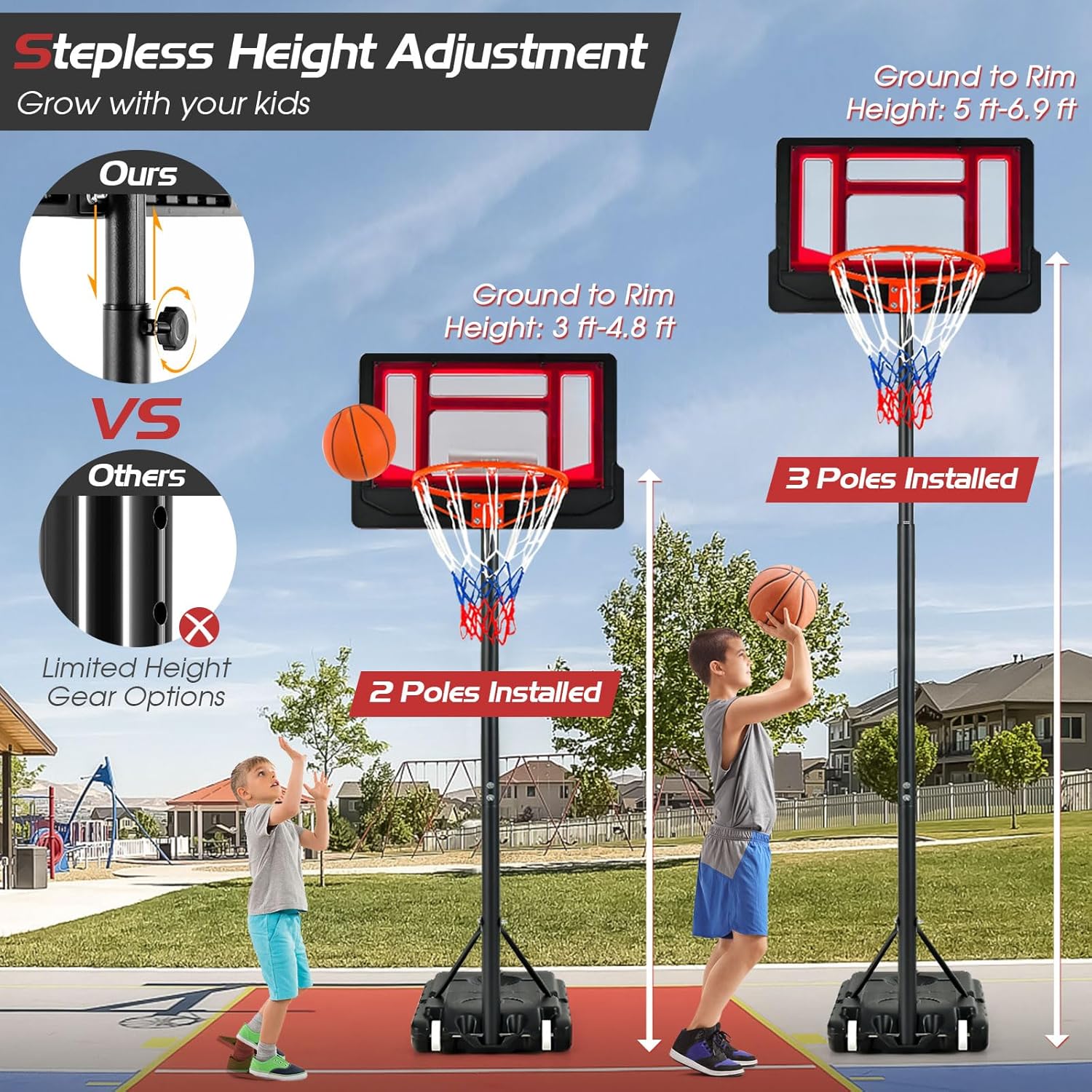 Giantex Basketball Hoop Outdoor Indoor, 4.3 FT-8.2 FT Height Adjustable Basketball Goal Court System w/Fillable Base, Backboard & 2 Wheels, Portable Basketball Hoop for Kids Backyard Driveway