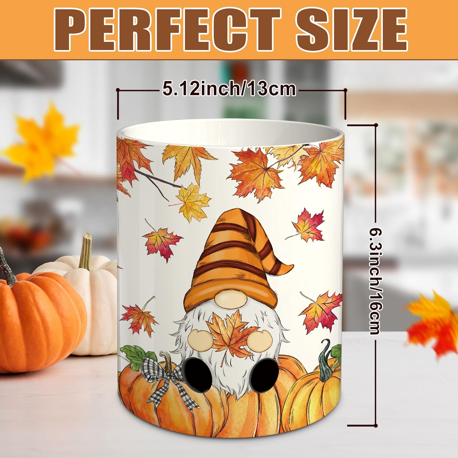 pinata Fall Halloween Kitchen Decor Ceramic Utensil Holder, Fall Gnome Halloween Pumpkin Utensils Holder for Indoor Kitchen Decorations(6.3 Inches)