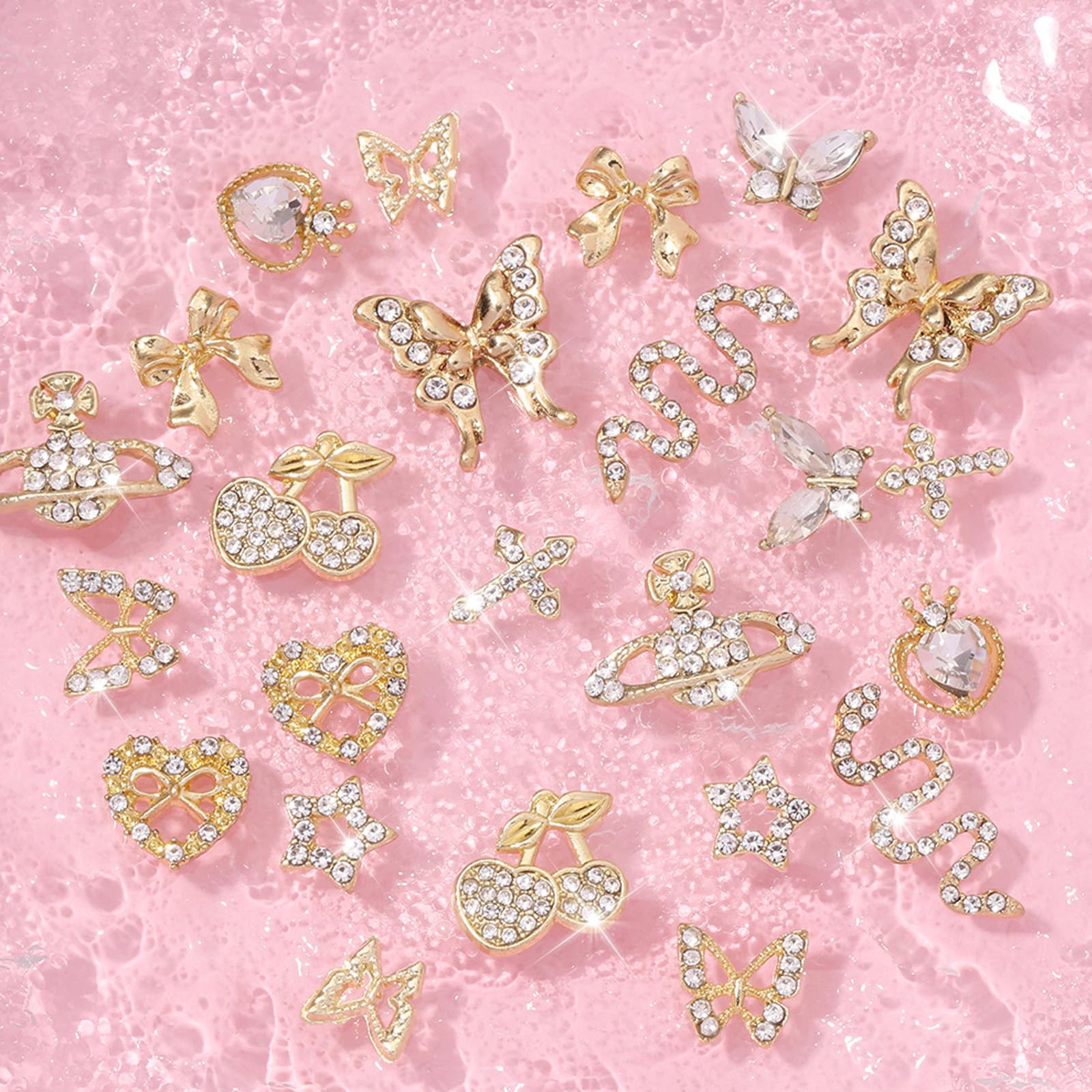 24 PCS Charms a Ongles, Breloques pour Ongles, Alliage Y2k, Coeurs Papillons Noeuds Cerises et Strass pour Deco Ongle Nail Art Bijoux Brillants Decorations Manucure DIY Accessoires