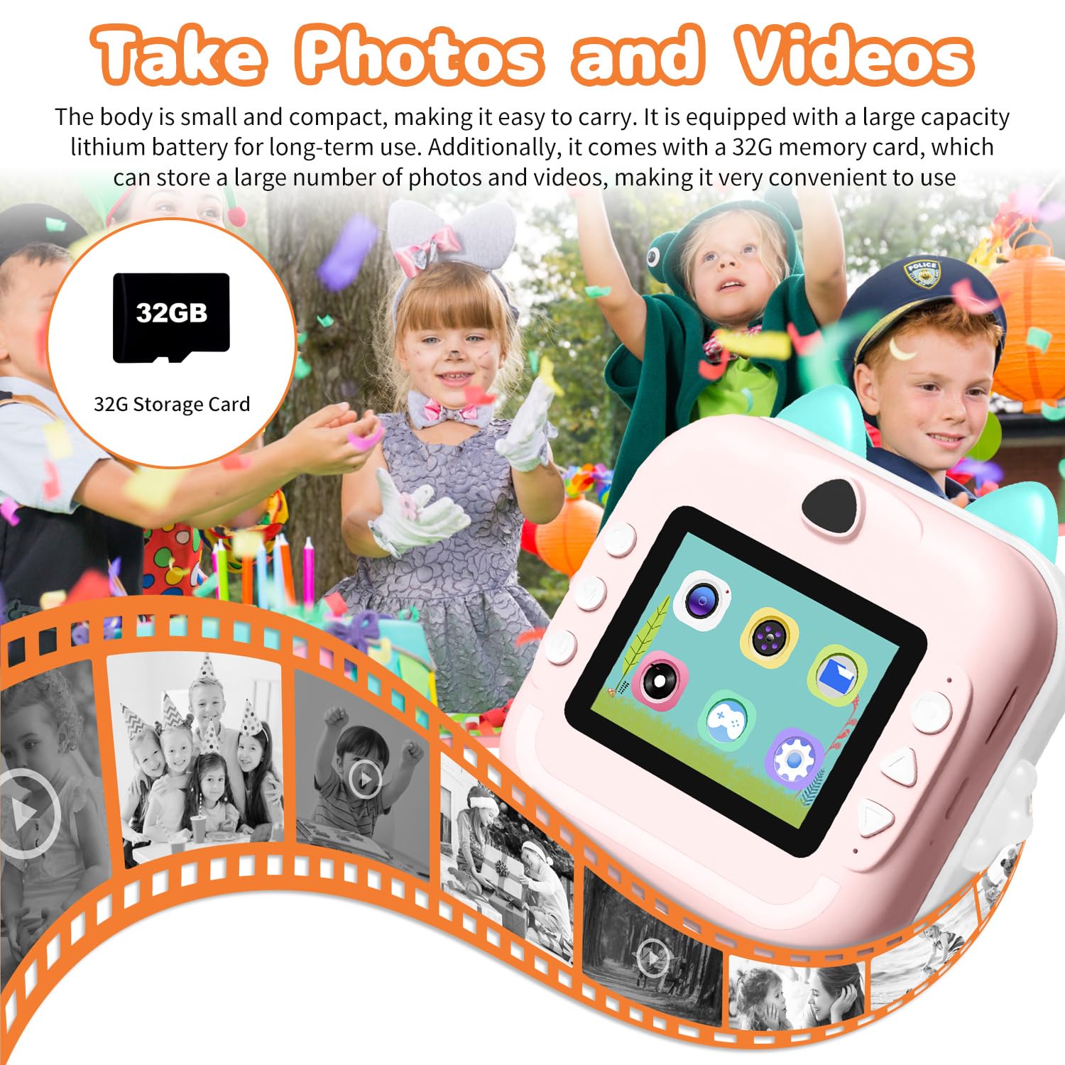Kinderkamera Sofortbildkamera, 2,4" Display Digitalkamera & Videokamera für Kinder mit 3 Rollen Thermopapier & 32G Karte, Geschenke für Jungen und Mädchen 6+ Jahre
