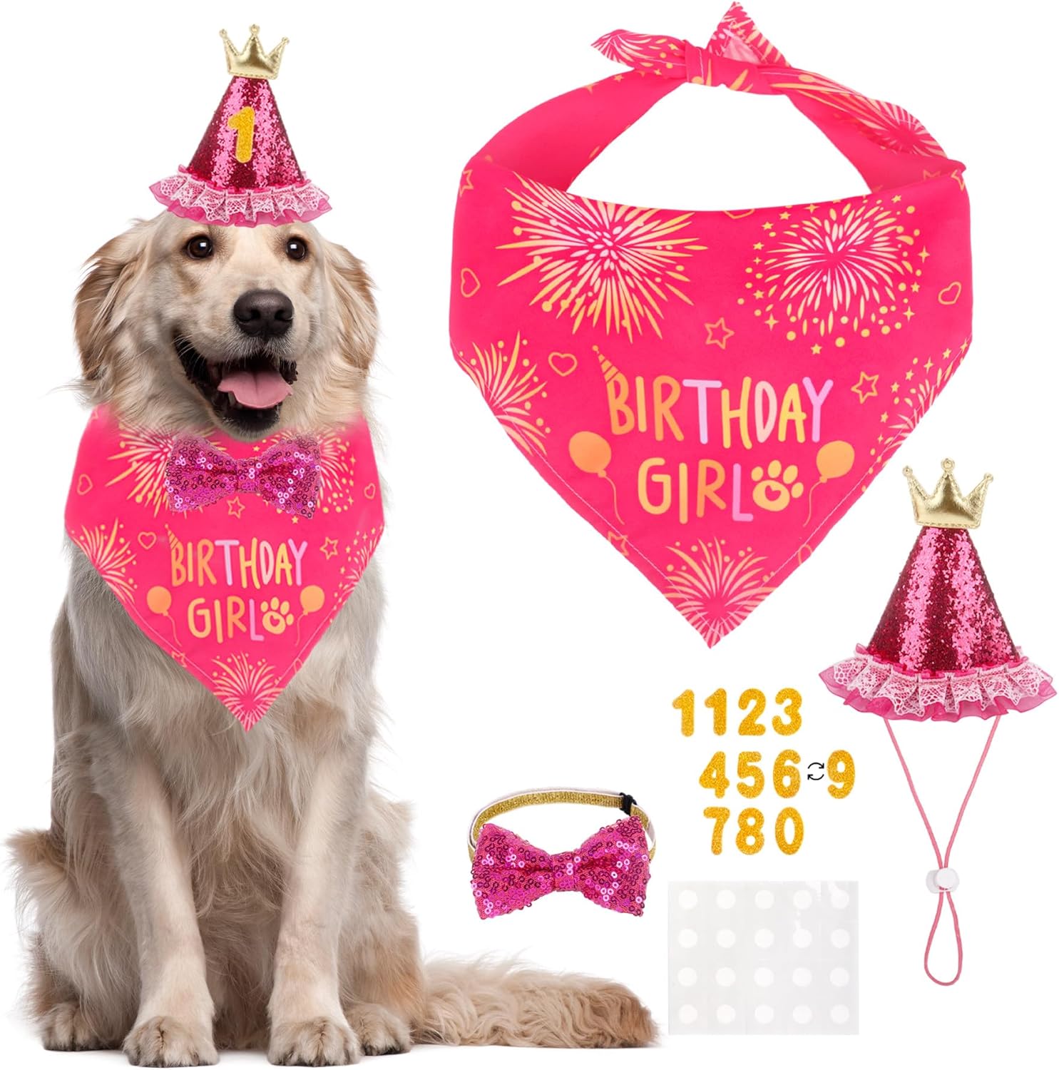Disfraz de perro grande de cumpleaños con gorra, pañuelo y moño rosa