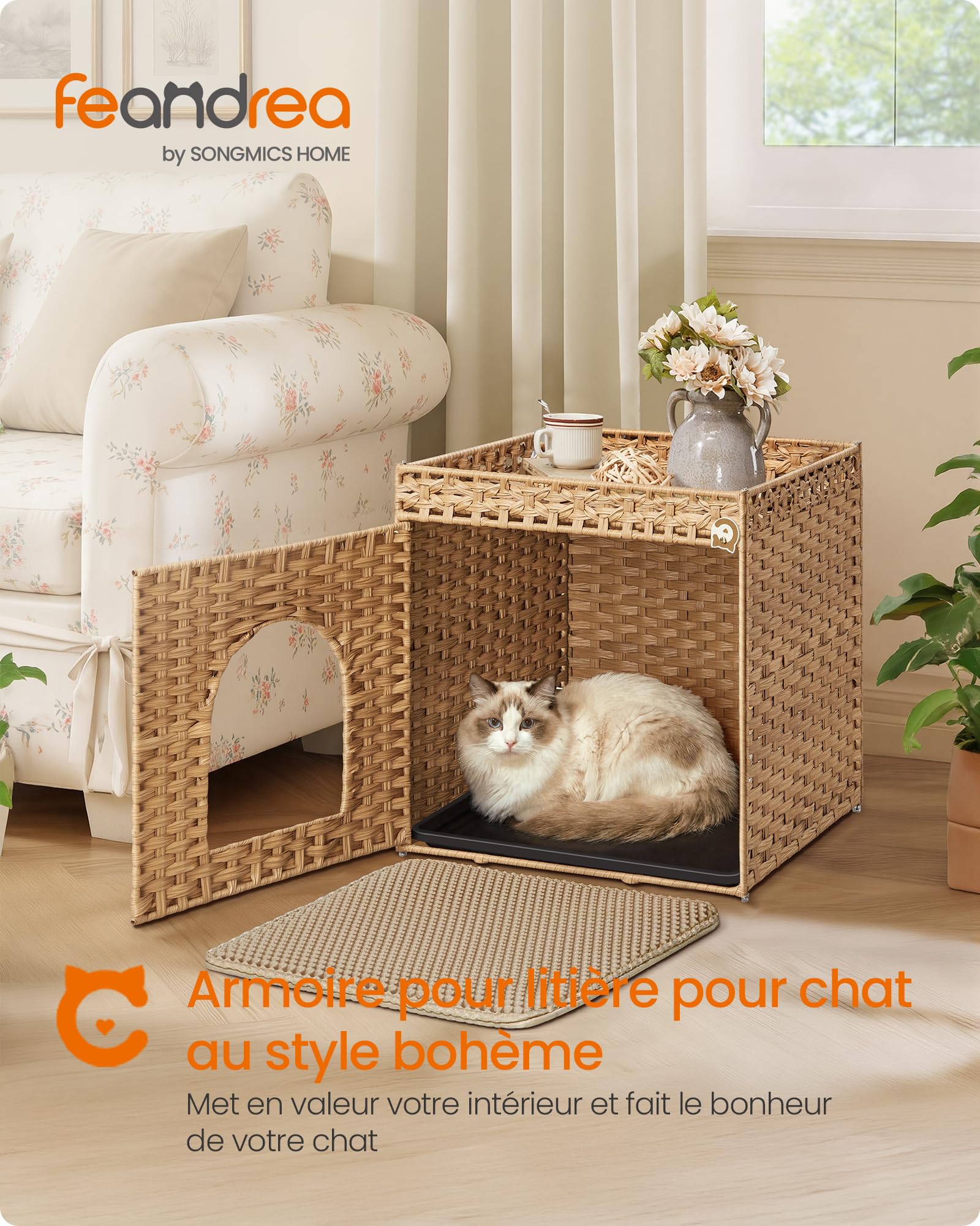 Feandrea Maison de Toilette pour Chat, Meuble Litière en Résine Tressée, Plateau Amovible, Table d'Appoint, 52,5 x 52,5 x 56 cm, Jaune, Style Bohème, Collection Eliott PCL024YE01