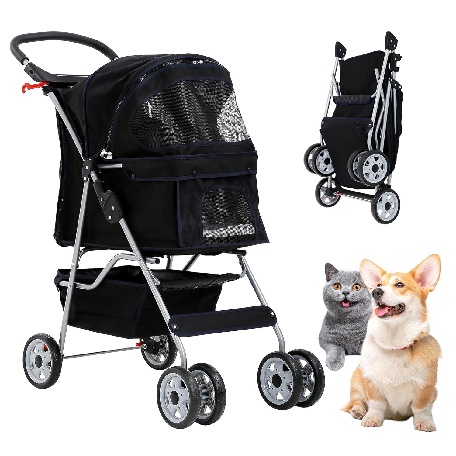 Pet Stroller,4 Wheels Dog Stroller with Storage Basket,Compact Portable Folding Carrier for Travel,Camping,Dog Carrier for Small Medium Dogs Or Cats,Lightweight Waterproof Pet Stroller,Black