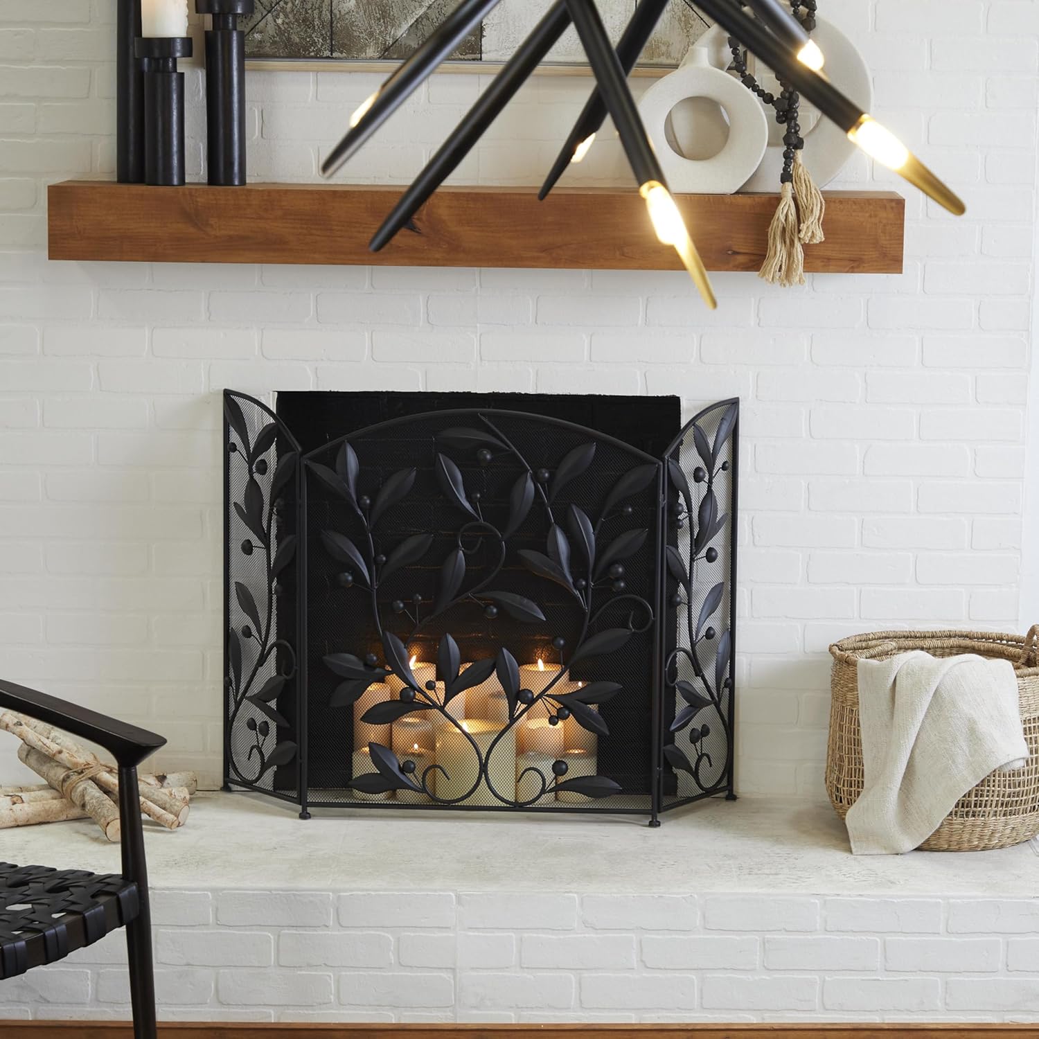 Deco 79 Metal Scroll Foldable Mesh Netting 3 Panel Fireplace Screen with Leaf and Vine Relief, 45" x 1" x 30", Black