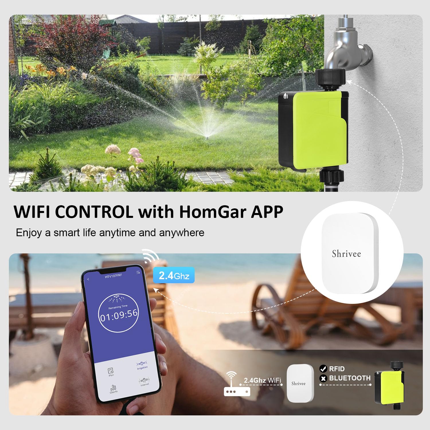 Ordenador de riego, Temporizador Inteligente de riego automático, Temporizador de Agua WiFi para aspersor de césped, con aplicación y Control del Consumo de Agua, para jardín