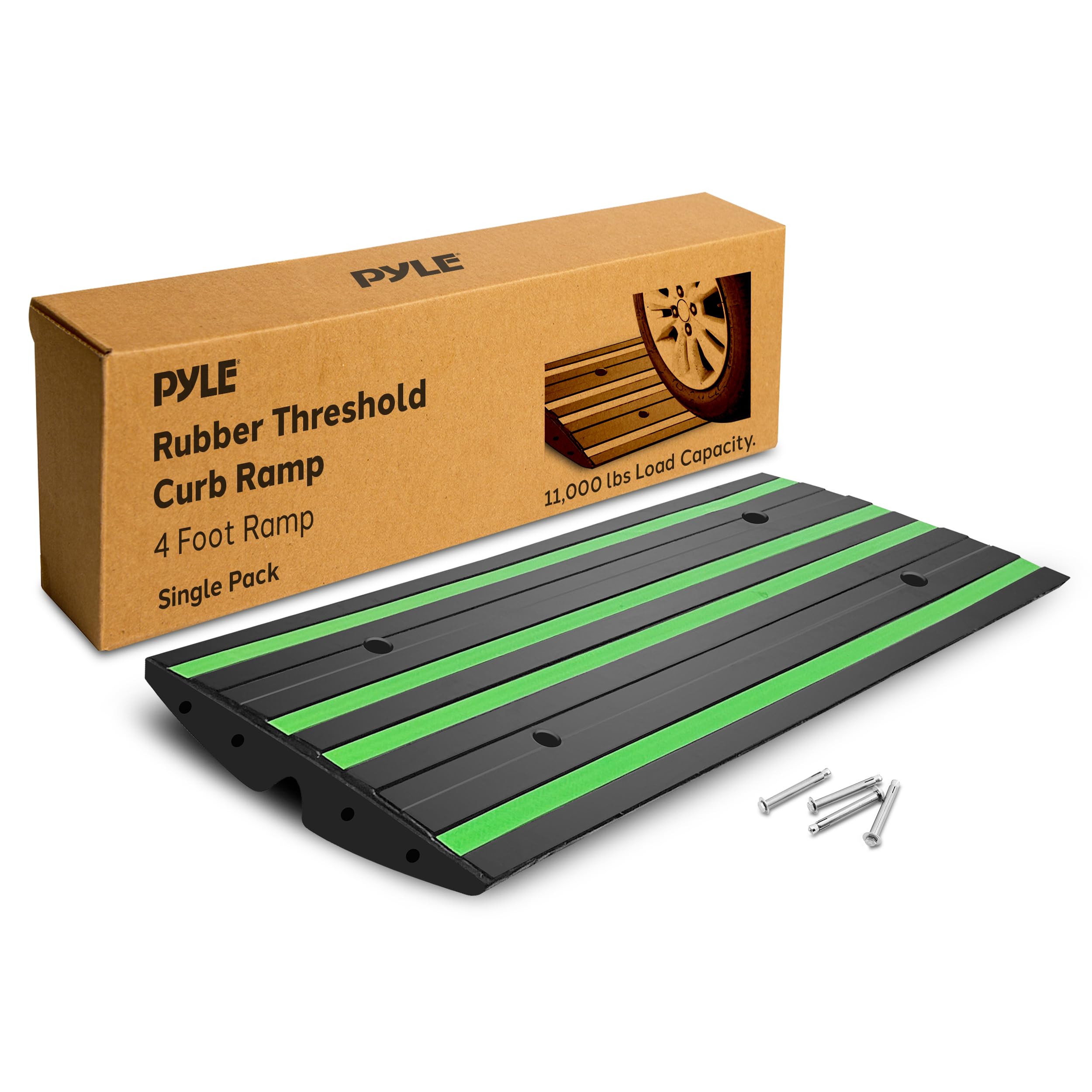 pyle 4 ft. rubber threshold curb ramp, heavy duty, non-slip car ramp for driveways, garages, and sidewalks, green reflective strips, waterproof, with expansion screws, 48.0’’x 16.0’’ x 2.6’’ inch