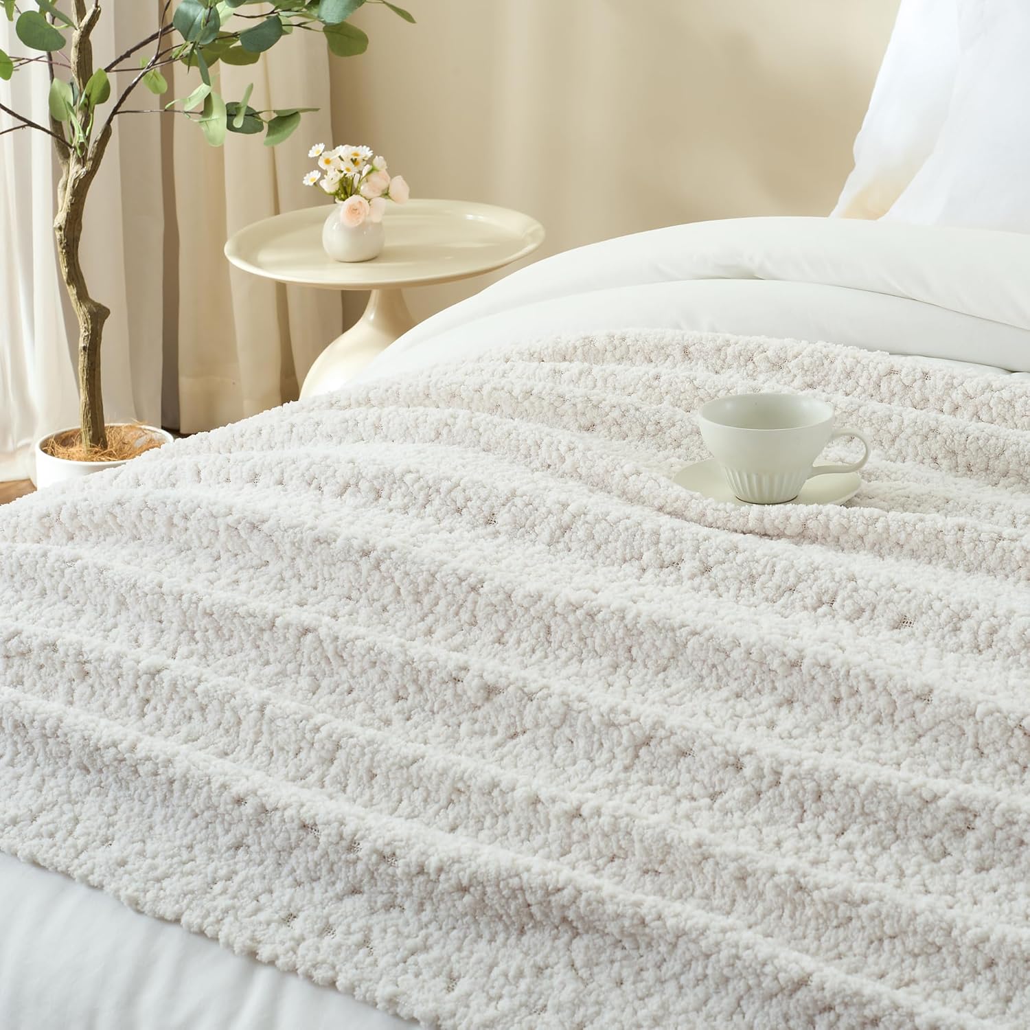 Throw Blanket for Couch, White Luxury Knitted Throws 50"x60", Textured Blankets with Handmade Fringe Tassels for Bed Sofa Decorative, Chunky Soft Farmhouse Boho Home Decor - Image 9