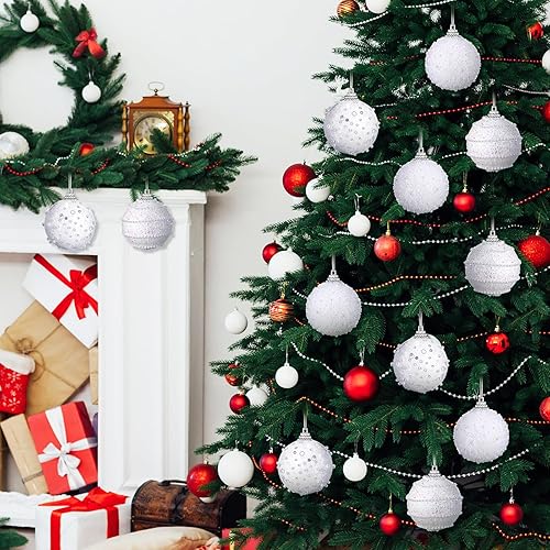 Miniatura 6 de Poen 12 adornos de bolas de Navidad blancas, bolas de Navidad de lentejuelas de 2.76 pulgadas, adornos blancos para árbol de Navidad, adornos de