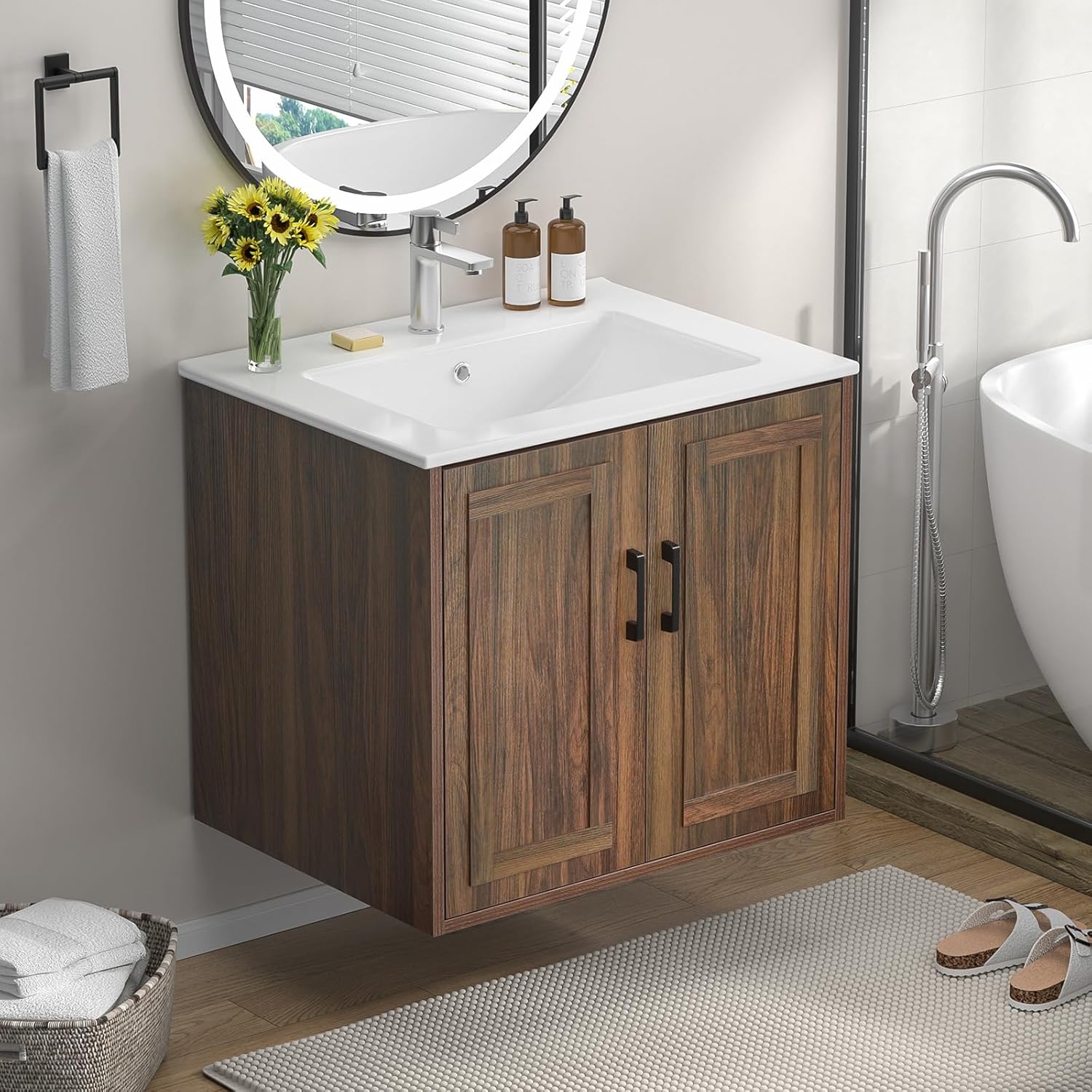 24" Bathroom Vanities with Sink Combo, Wall Mounted Floating Vanity, Wood Bathroom Cabinet with 2 Doors, Walnut Modern Vanity Cabinet Set (Faucet Not Included)