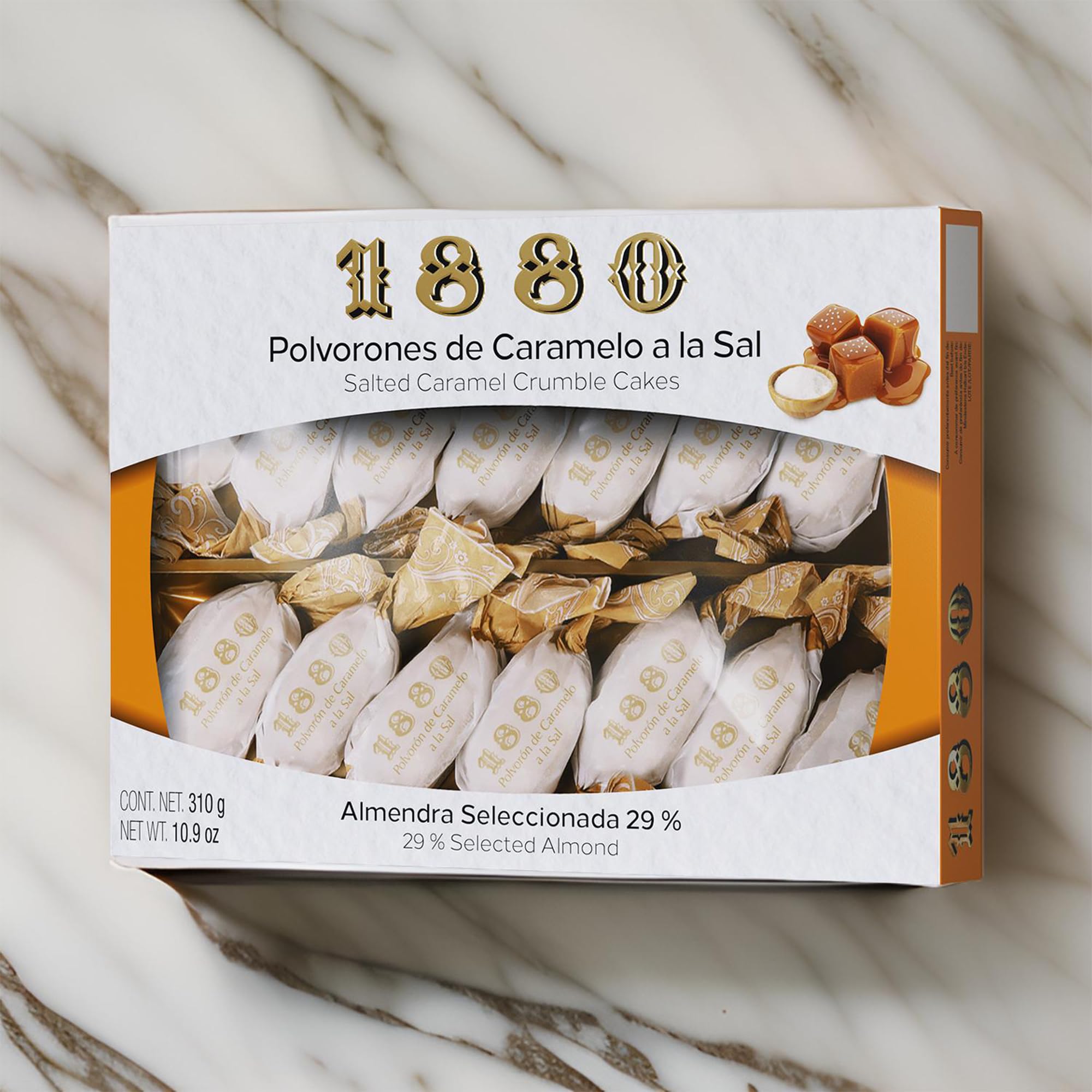 1880 - Sablés Caramel Salé, Qualité Suprême, Douceur typique de Noël, Recette Artisanale, Boîte Unique, Polvorones Traditionnels, Fabriqués avec des Amandes Sélectionnées, 280 Grammes