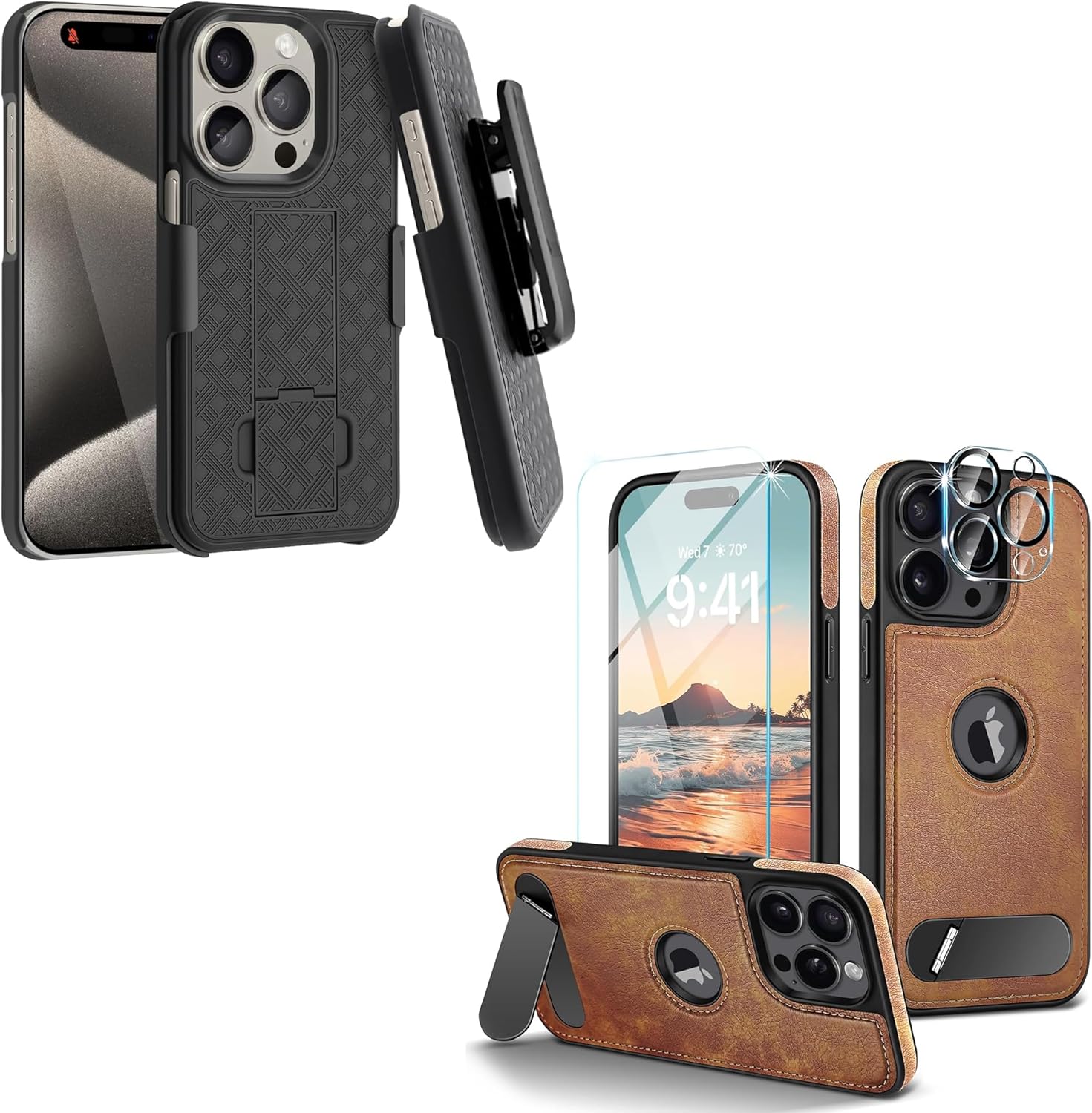 Fingic Magnetic Leather Case for iPhone 15 Pro Max Case[Compatible with Mag-safe][with 1 Screen/Camera Len Protector] +for iPhone 15 Pro Max Case - Slim Combo Shell with Kickstand, Swivel Belt Clip, R