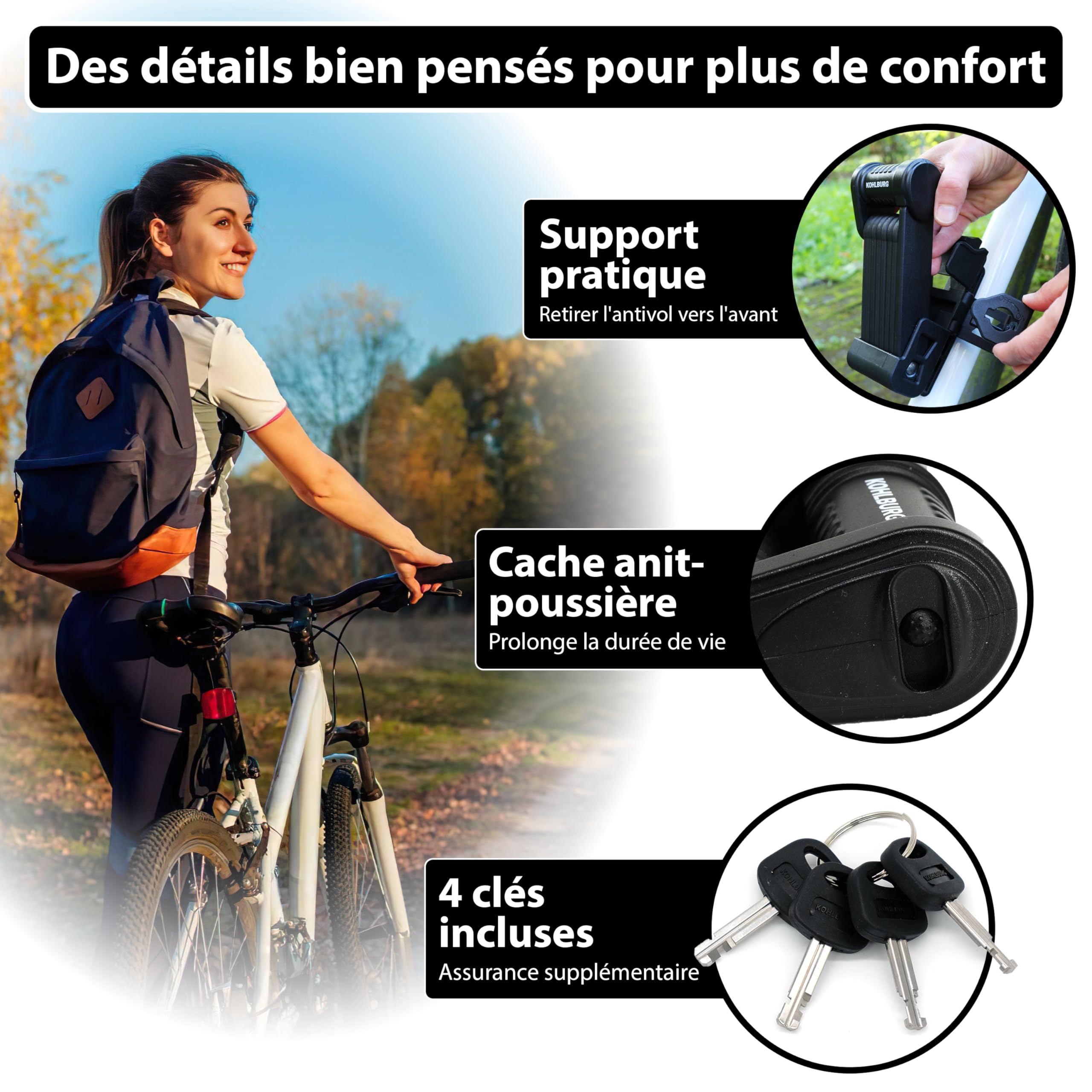 KOHLBURG Antivol pliable vélo 89cm – FUB 2 Roues – sécurité maximale à 1kg | Antivol vélo avec support – très sûr comme antivol trottinette & eBike vélo sécurisé – anti vol velo electrique homologué