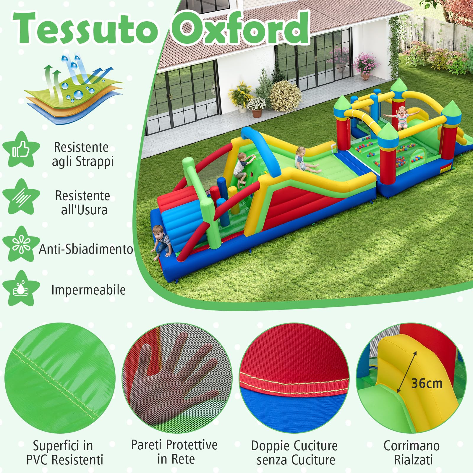 COSTWAY Castello Gonfiabile per Bambini, Parco Giochi Gonfiabile con Scivolo Lungo e Trampolino, Pali Ostacolo, Parete Arrampicata e Palline Oceaniche, per Bambini 3-12 Anni (Con Soffiatore)