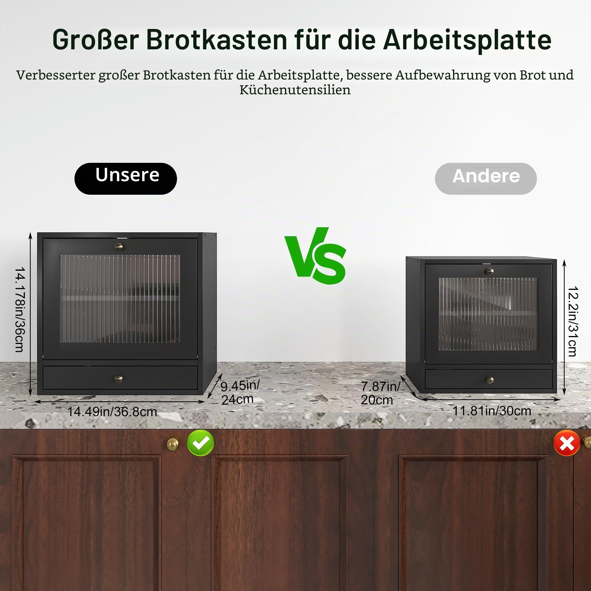 Alpeir Brotkasten Holz Groß 2 Etagen Brotbox mit Magnetisch Acryl Sichtfenster und Schublade, Ecke Arbeitsplatte Küche Aufbewahrung Behälter für Snack Knäckebrot Obst, Schwarz