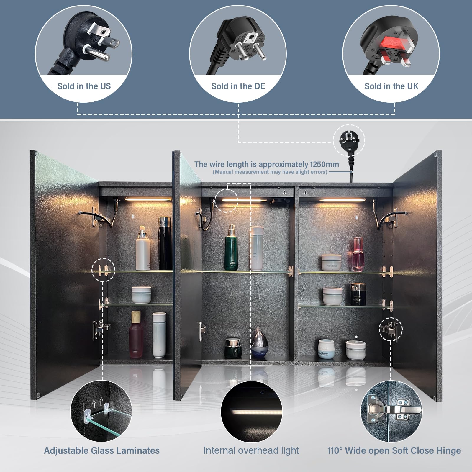 Armoire Miroir de Salle de Bain à LED avec éclairage LED et Prise, 100x60 cm, Murale Meuble Miroir Salle de Bain, Etagere Réglable, Anti-buée, 3 Couleur, Dimmable